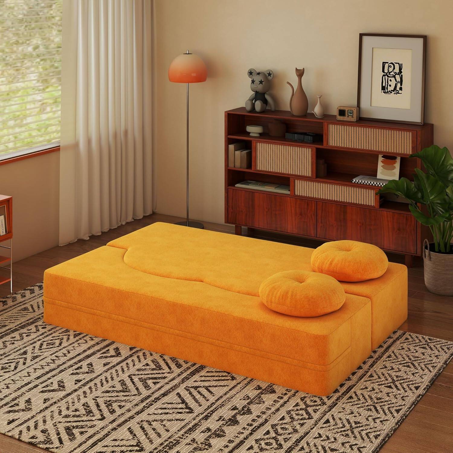 Alt View 3. Trinkets Crazed - 2-in-1 Folding Sofa Bed, Convertible Floor Couch with Full Size Folding Mattres - yellow.