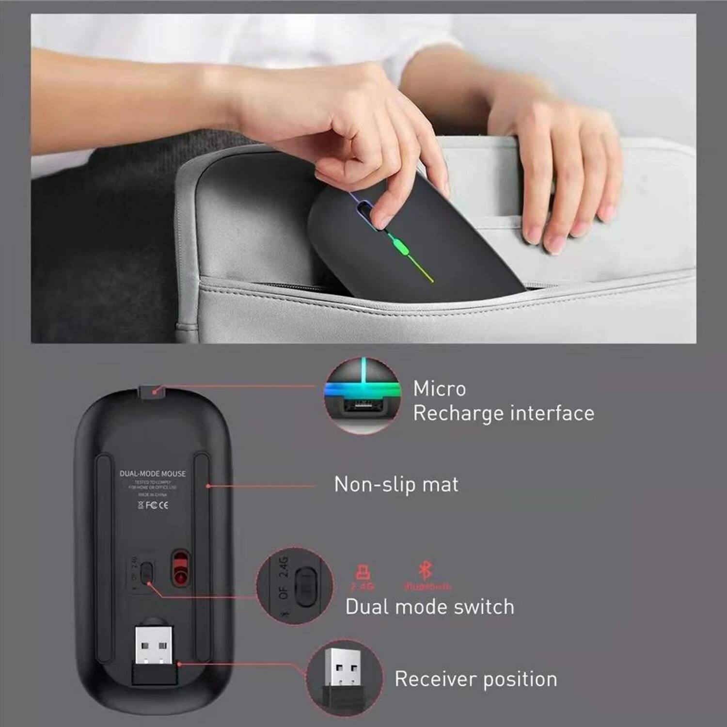 Micro Recharge interface  
DUAL-MODE MOUSE  
SFC CE  
Non-slip mat  
A 2.4G OF A  
* Ed6 fugsbet  
Dual mode switch  
Receiver position
