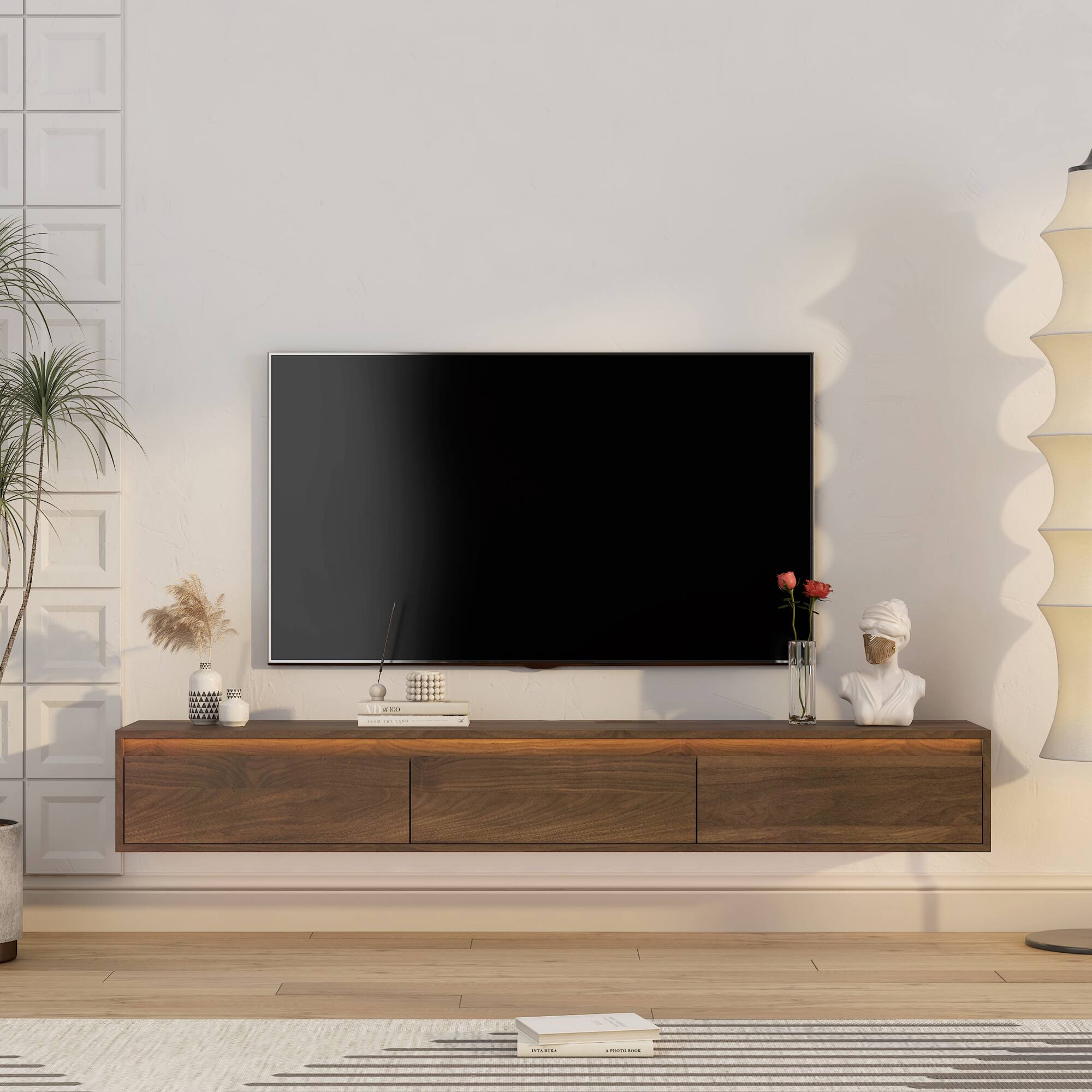 Spaco - 65" Floating TV Stand up for 69" TVs with LED Lights, 3 Outlets 2 USB Ports, Wall Mounted High Gloss Cabinet - Wood