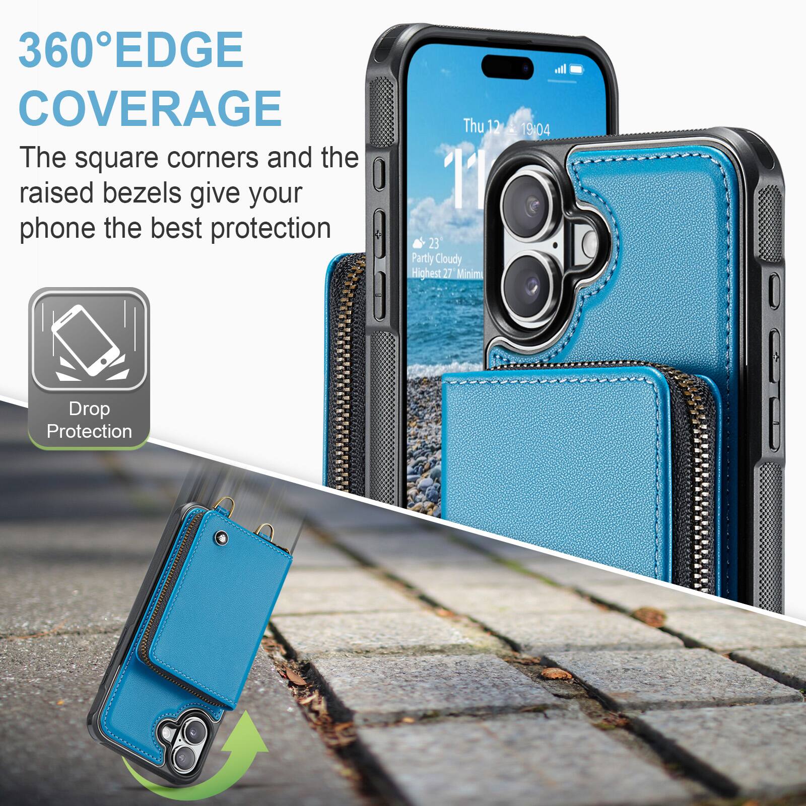 360° EDGE COVERAGE  
The square corners and the raised bezels give your phone the best protection  

Thu 12 19:04  
23° Partly Cloudy  
Highest 27° Minim  

Drop Protection