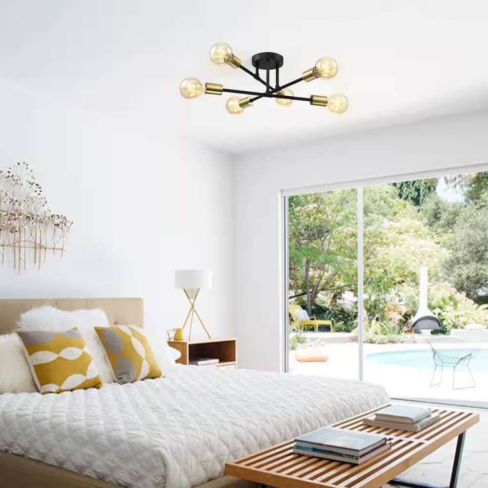 Angle. Hivvago - Mid-Century Sputnik Style 6-Light Black Gold Ceiling Light - Semi Flush Mount - Black, Gold.
