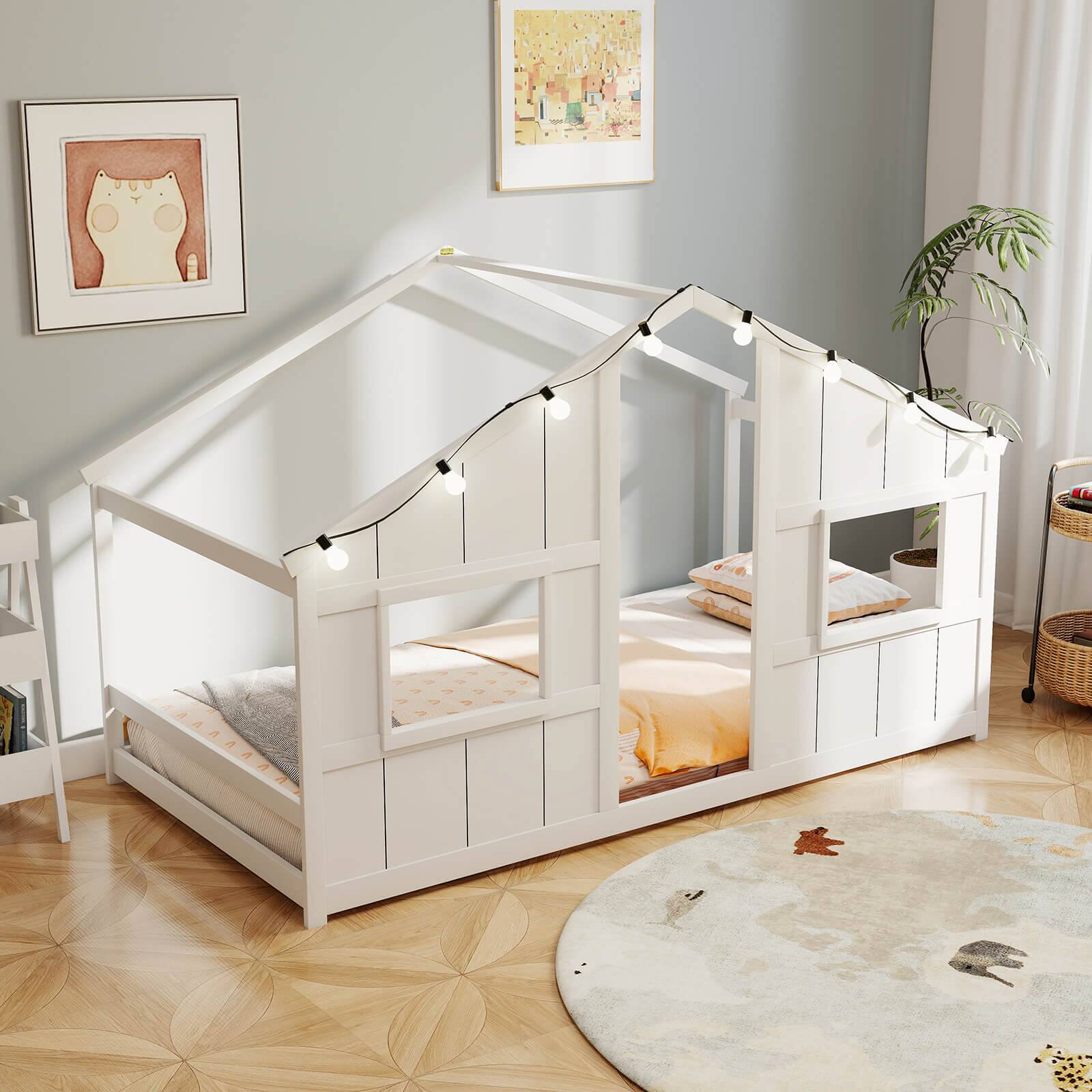 Alt View 3. Costway - Costway Twin Size House Floor Bed with LED Lights Solid Wood Bed Frame without Slats - White.