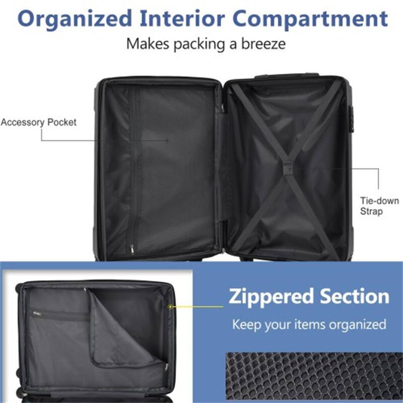 Organized Interior Compartment  
Makes packing a breeze  

Accessory Pocket  
Tie-down Strap  
Zippered Section  
Keep your items organized