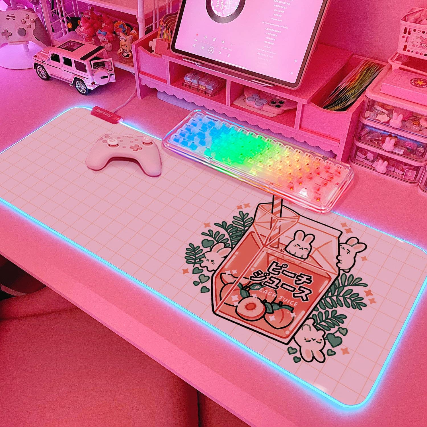Fabibe - Mouse Pad Mouse ON SOFT Pink Gaming 31.5x12 Inch Large Extended Glowing Light Desk Non-slip Rubber Base Computer Cute - P-juice New 31.5x12In