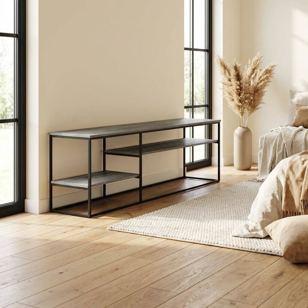 Alt View 2. FurniFact - French Oak Grey Wood TV Stand for Up to 78-Inch Screens with Storage Space - Gold.
