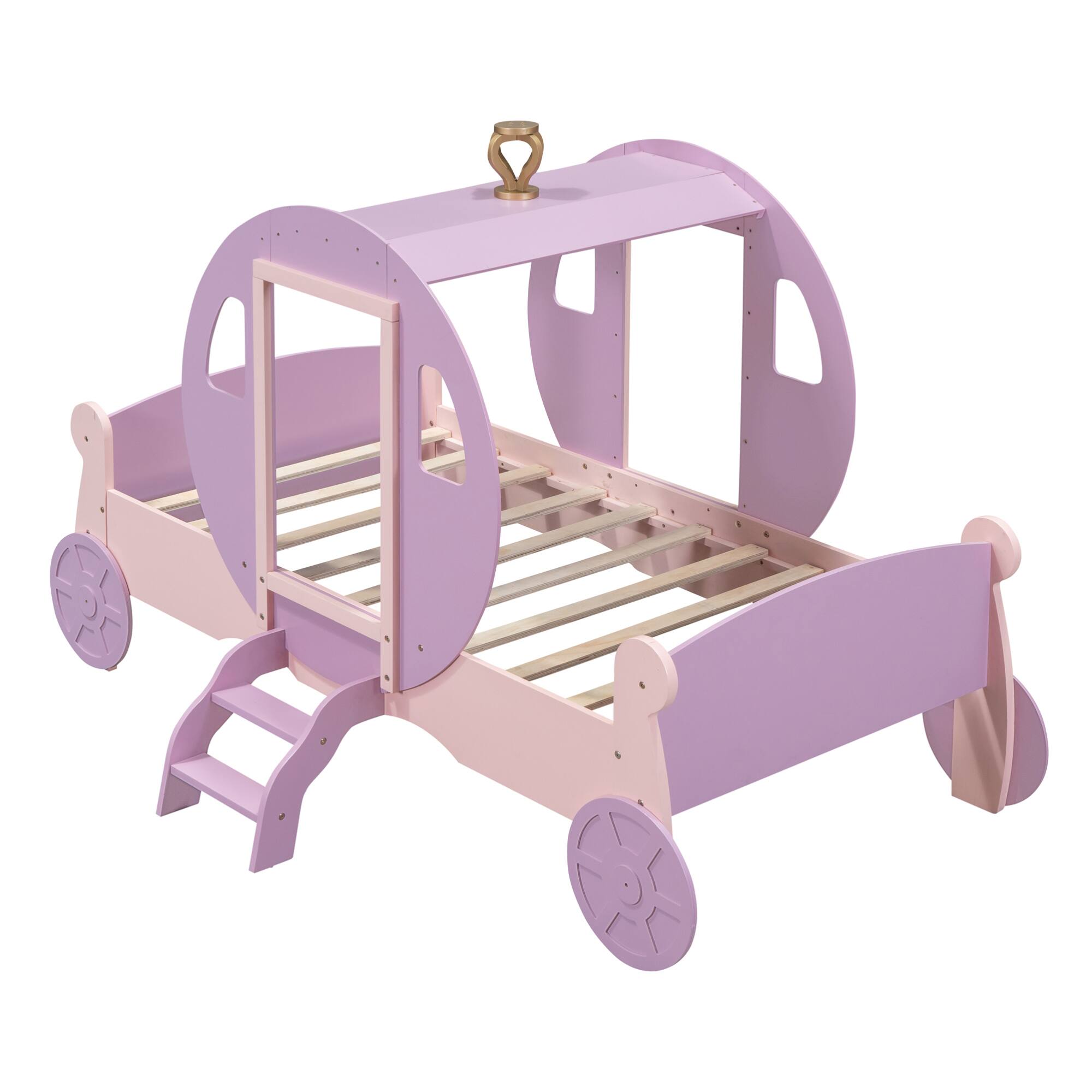 Alt View 1. GOODSILO - Twin Size Princess Carriage Bed with Crown and Wood Platform Design Including Staircase - Pink.