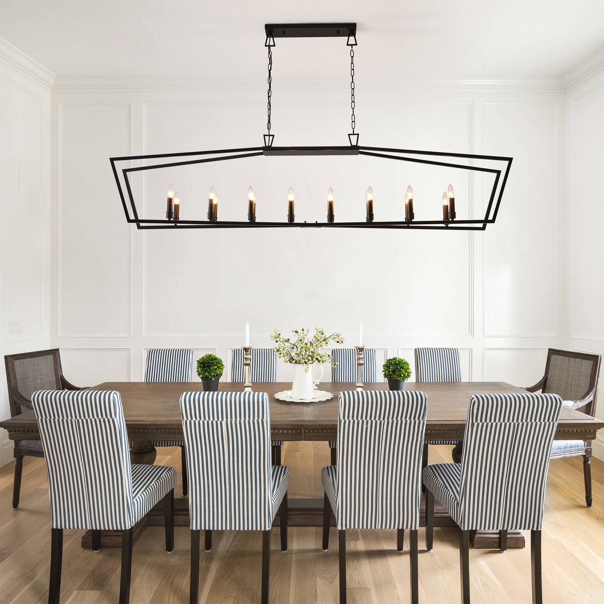 Back. RYHNUYNE - 16-Light Kitchen Island Linear Chandelier, Large Farmhouse Chandelier for Dining Room, Industrial Pendant Light Fixture - Black.