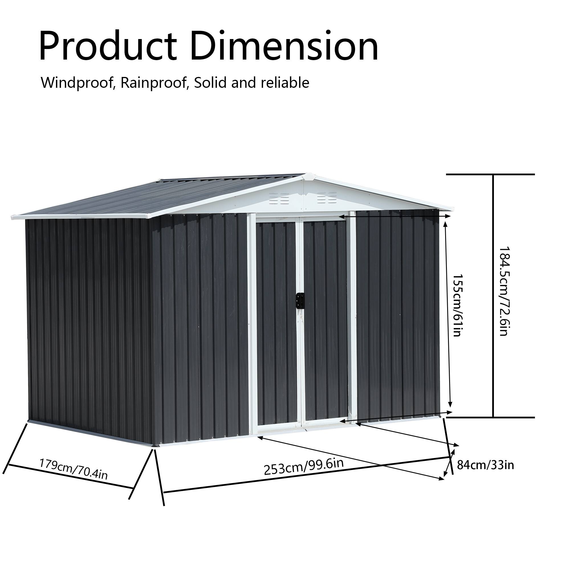Left. TinyHomie - 8 x 6 FT Apex Roof Dark Grey Aluminum Alloy Frame Garden Shed With Sliding Door.