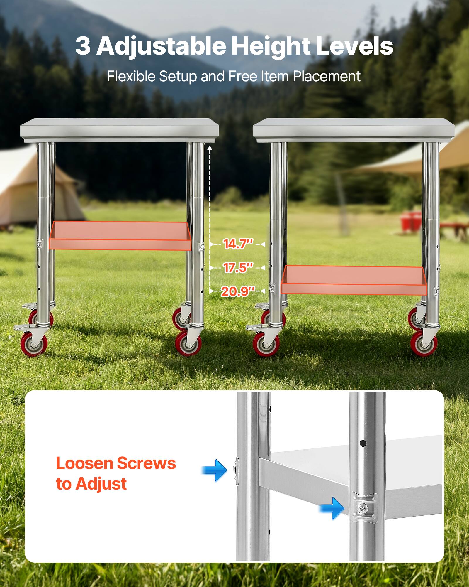 3 Adjustable Height Levels  
Flexible Setup and Free Item Placement  

14.7"  
17.5"  
20.9"  

Loosen Screws to Adjust