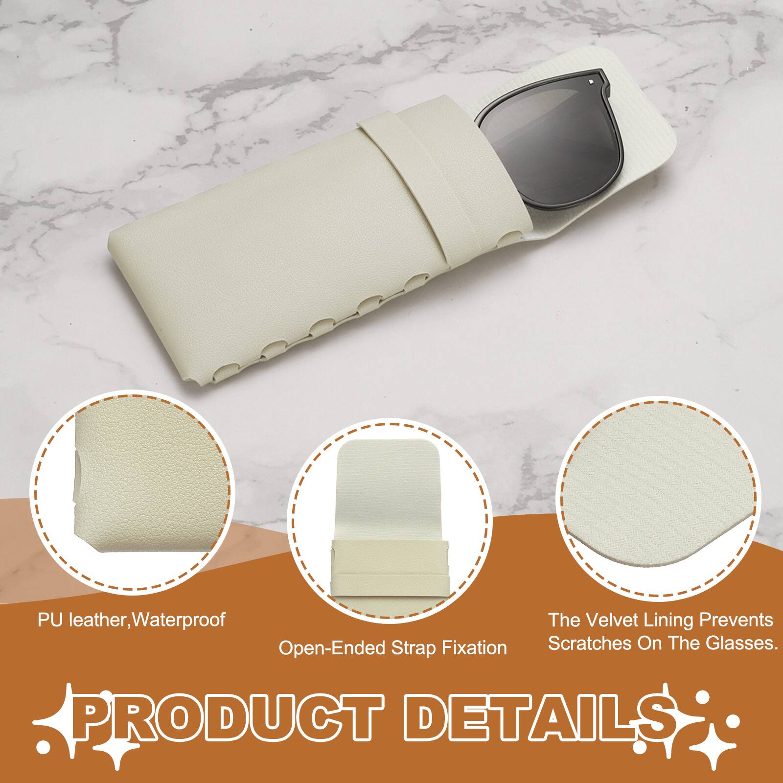 PU leather, Waterproof  
The Velvet Lining Prevents Scratches On The Glasses.  
PRODUCT DETAILS