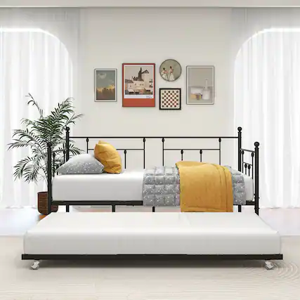 Front. GOODSILO - Twin Size Metal Daybed Frame with Adjustable Trundle Set for Guest Rooms, Bedrooms, and Living Spaces - Black.