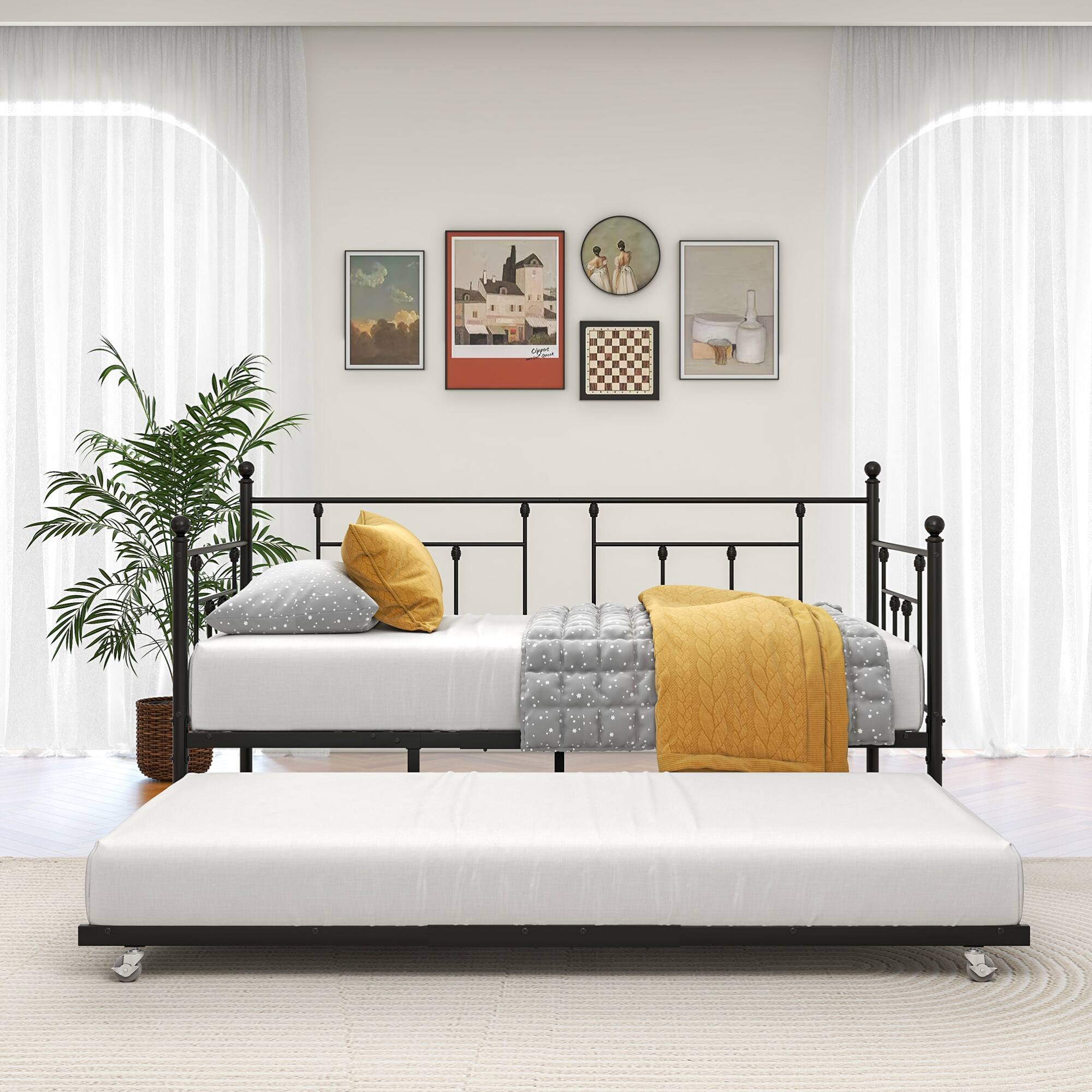 Front. GOODSILO - Twin Size Metal Daybed Frame with Adjustable Trundle Set for Guest Rooms, Bedrooms, and Living Spaces - Black.