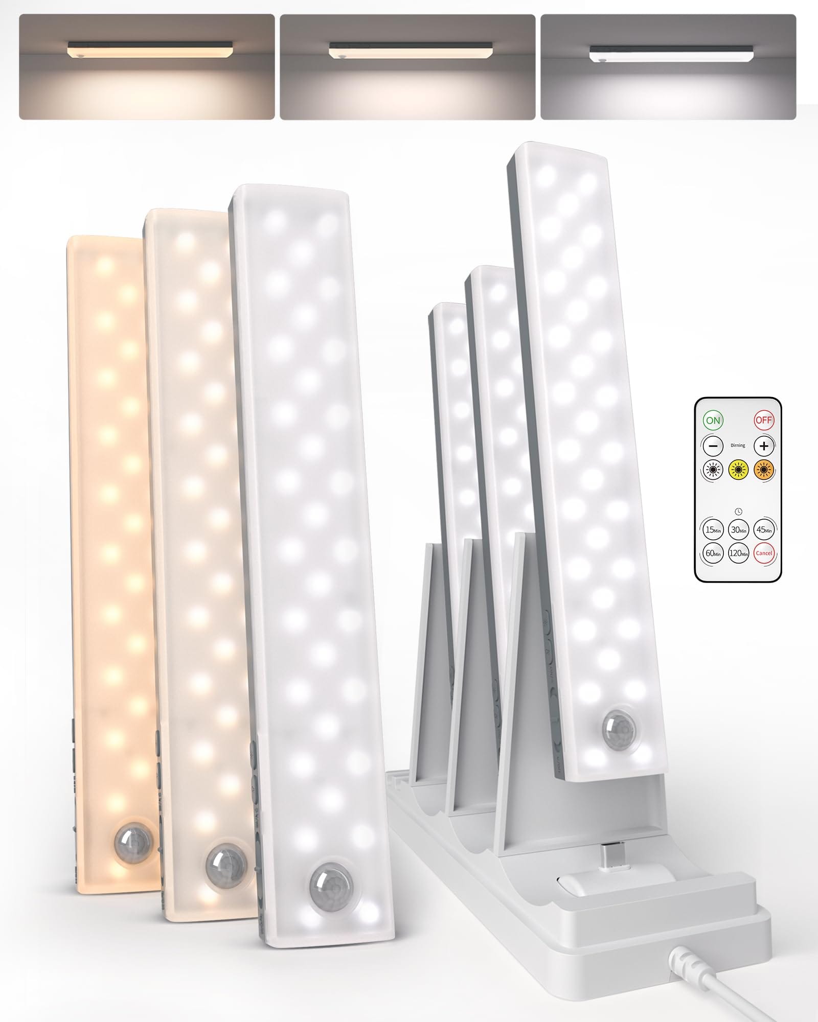 EZVALO - Under Cabinet Lighting Wireless Motion Sensor with Remote-3 Color Temps-6 Pack-23 cm-Grey - White