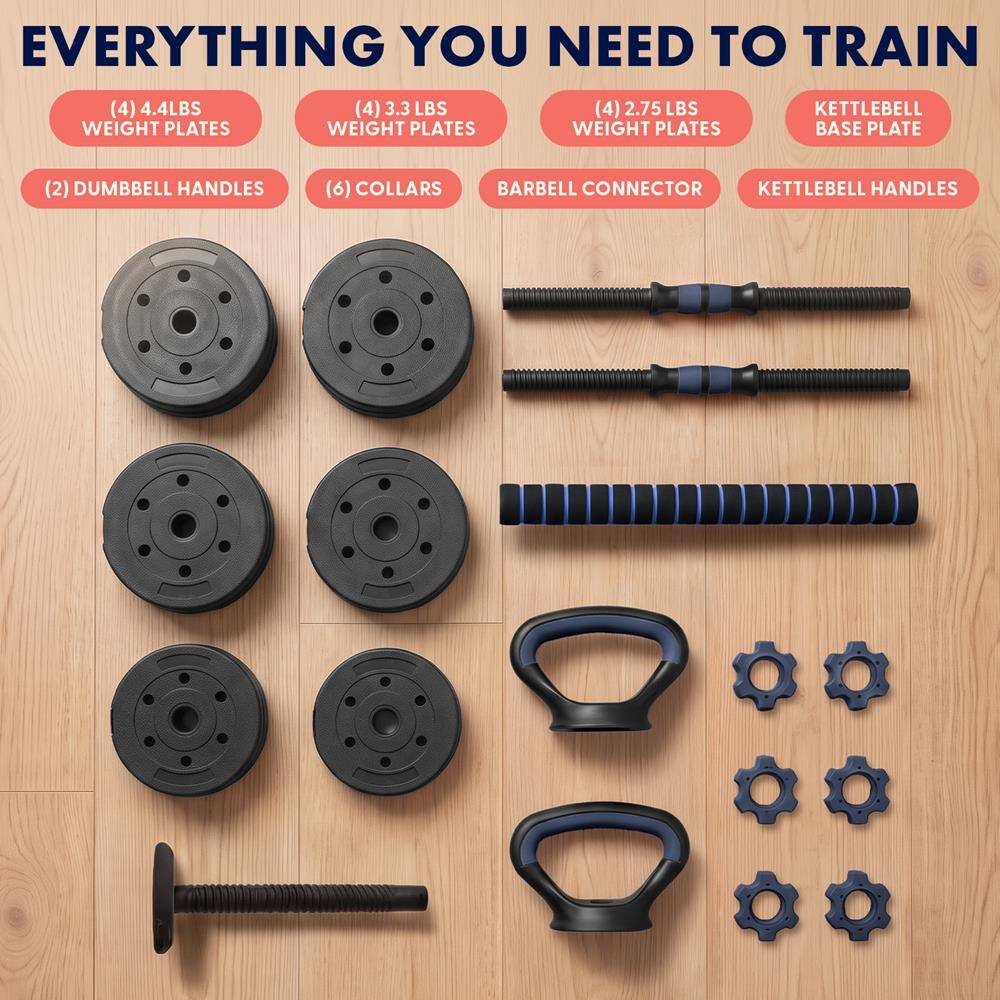 EVERYTHING YOU NEED TO TRAIN

(4) 4.4LBS WEIGHT PLATES  
(4) 3.3LBS WEIGHT PLATES  
(4) 2.75LBS WEIGHT PLATES  
KETTLEBELL BASE PLATE  
(2) DUMBBELL HANDLES  
(6) COLLARS  
BARBELL CONNECTOR  
KETTLEBELL HANDLES