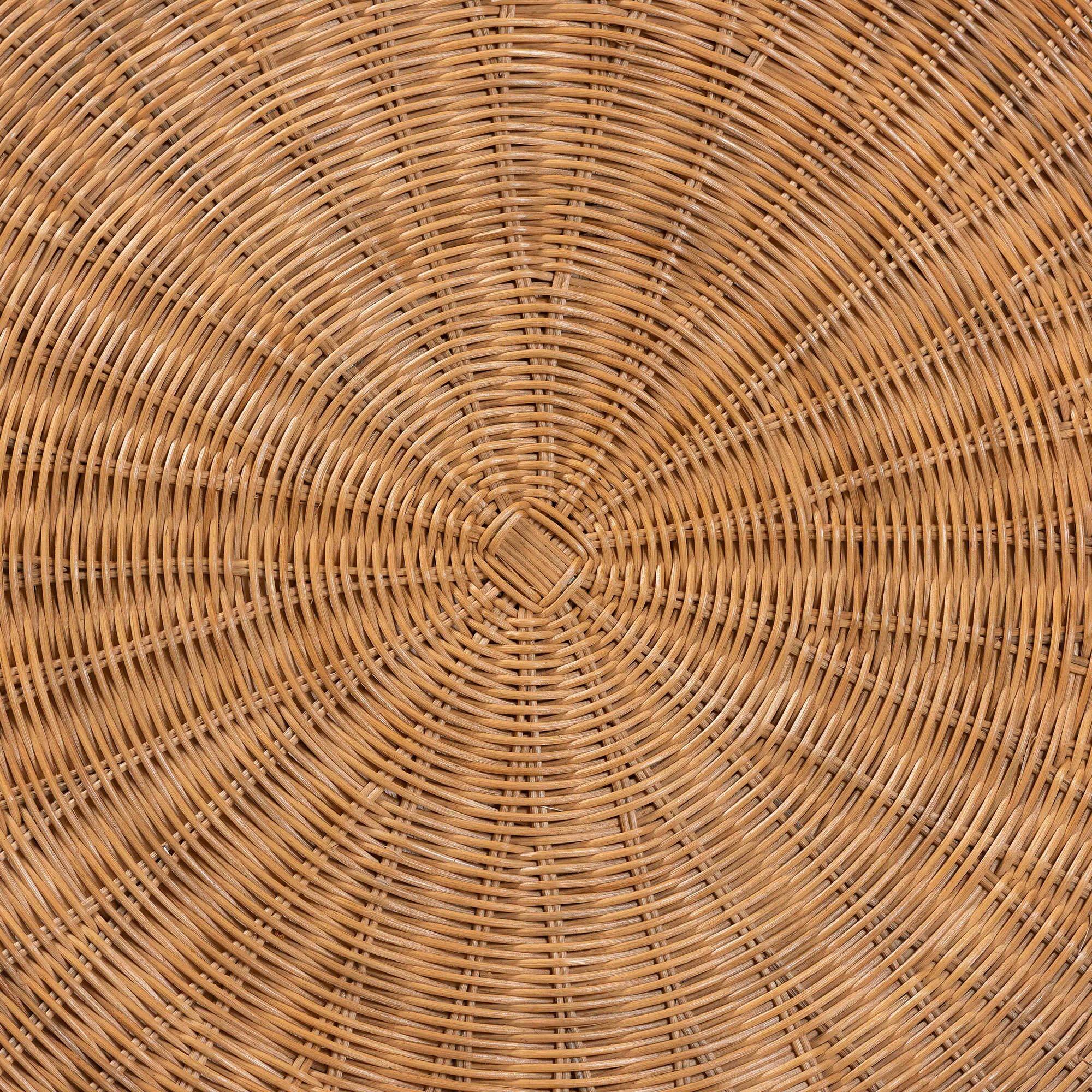 Back. bali & pari - Avalon Natural Rattan Round Coffee Table with Scalloped Pedestal Base – Coastal Boho Wicker Accent Table - Light Honey.