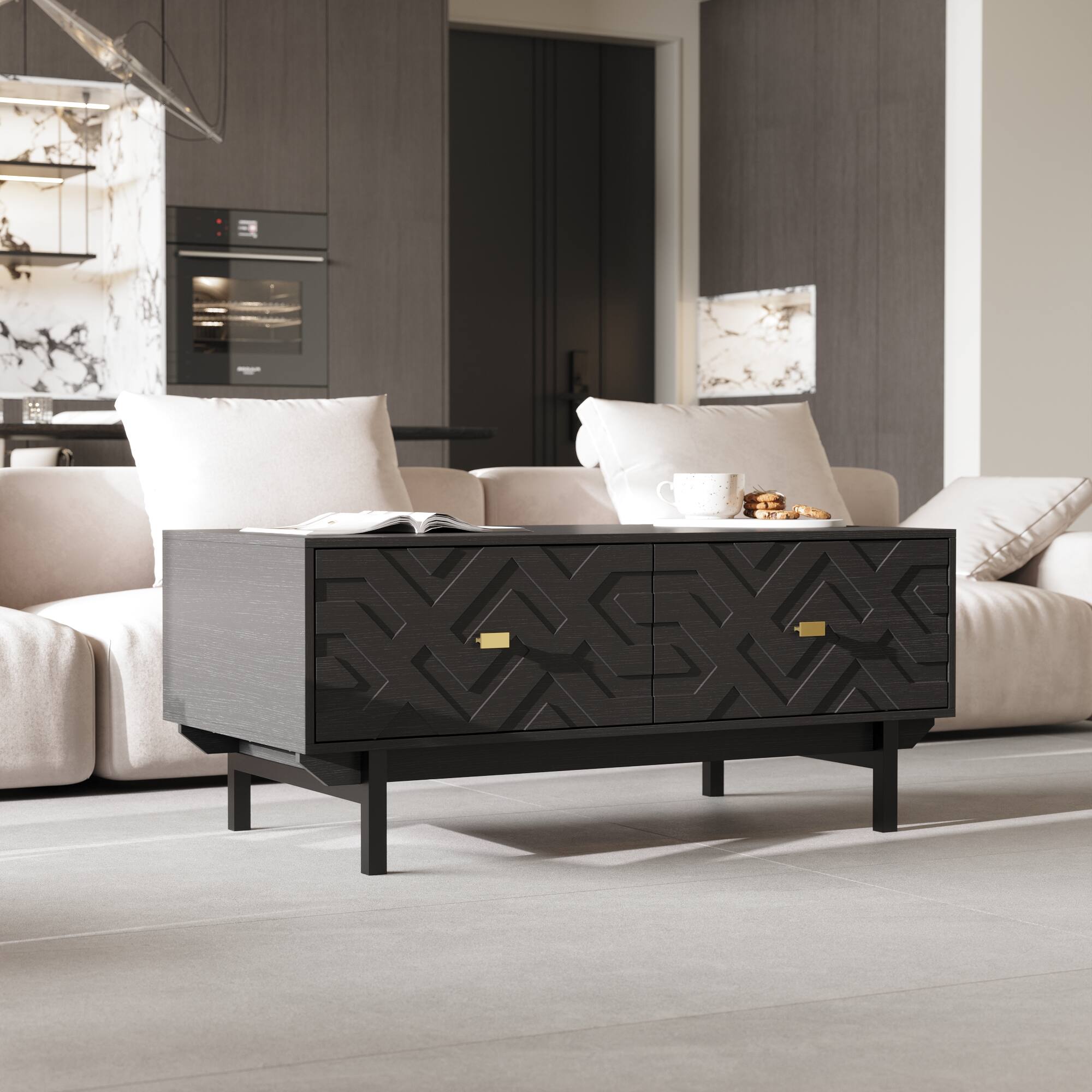Back. FUFU&GAGA - Embossed Coffee Table with Dual Drawers and Artistic Carved Design for Living Room - Black.