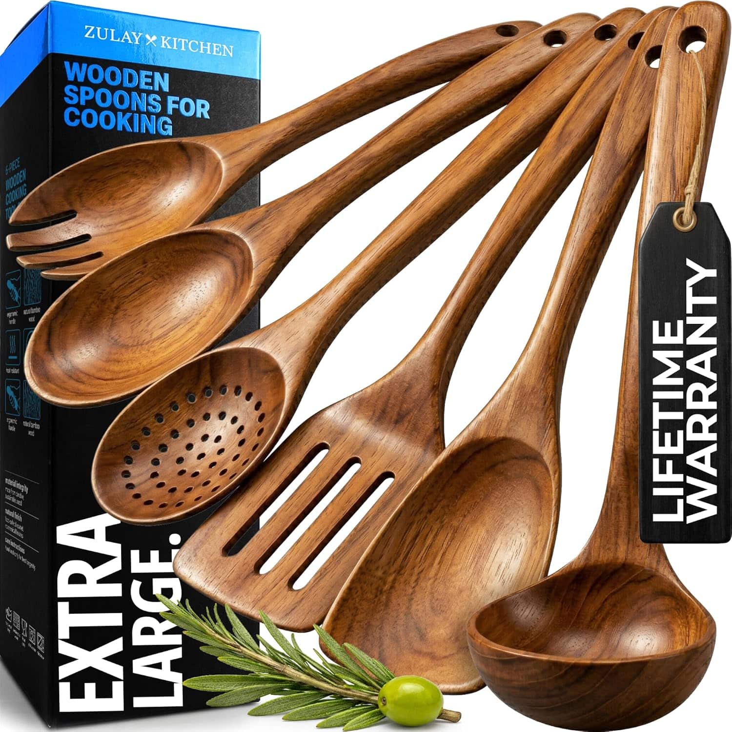 Zulay Kitchen - 6-Piece Extra Large Teak Wooden Spoon Set, Nonstick Cooking Utensils with Comfort Grip - Brown