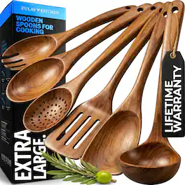 Zulay Kitchen - 6-Piece Extra Large Teak Wooden Spoon Set, Nonstick Cooking Utensils with Comfort Grip - Brown