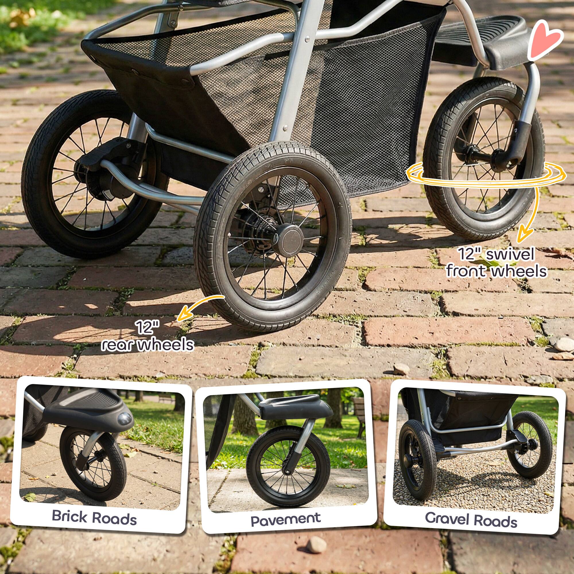 12" swivel front wheels  
12" rear wheels  

Brick Roads  
Pavement  
Gravel Roads