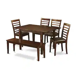 East West Furniture - 6 Pc small Kitchen Table set-Table and 4 Kitchen Chairs and Dining Bench - Mahogany