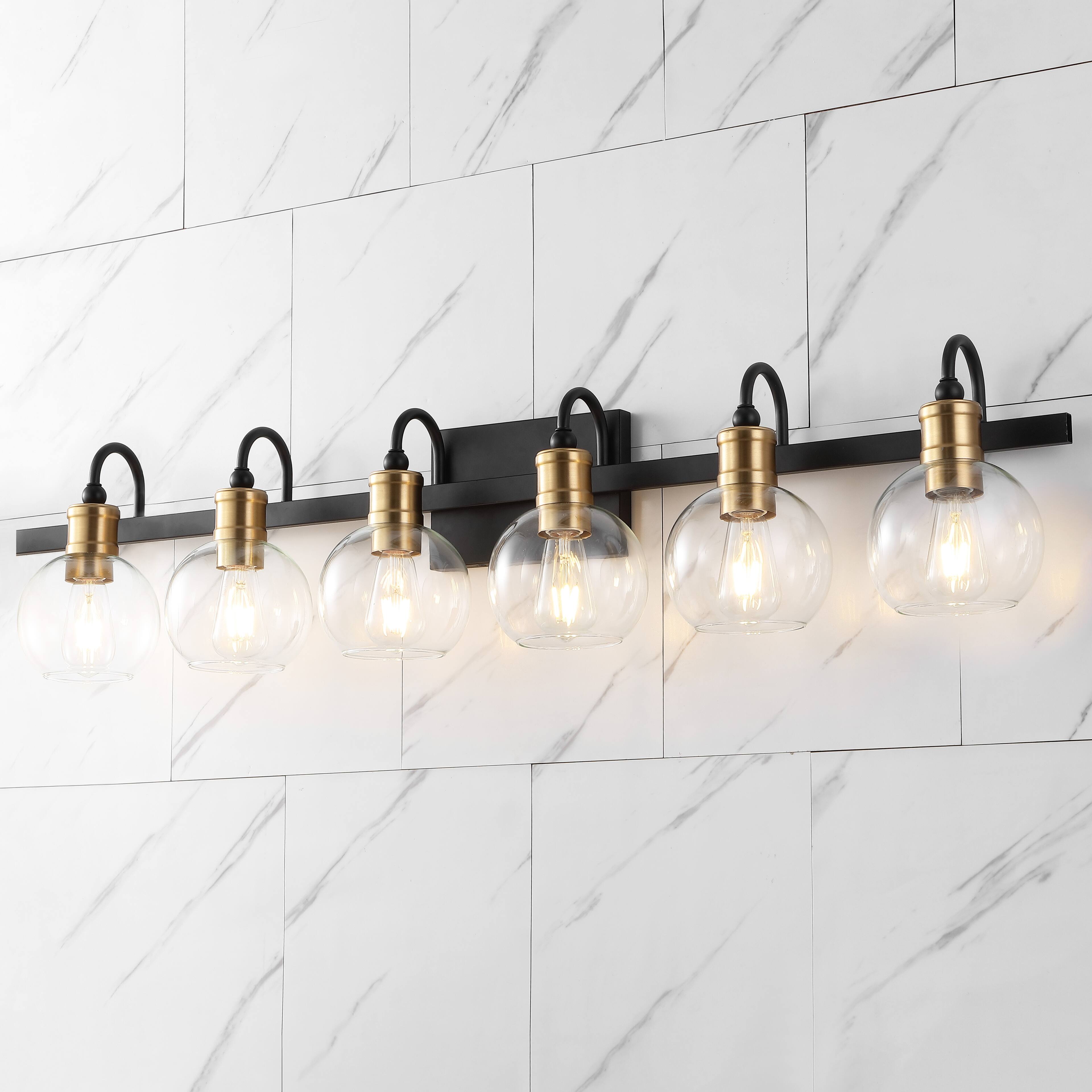 Alt View 1. Jonathan Y - Marais 44.25" 6-Light Iron/Glass Rustic Vintage LED Vanity Light, Black/Brass Gold - Black/Brass Gold.