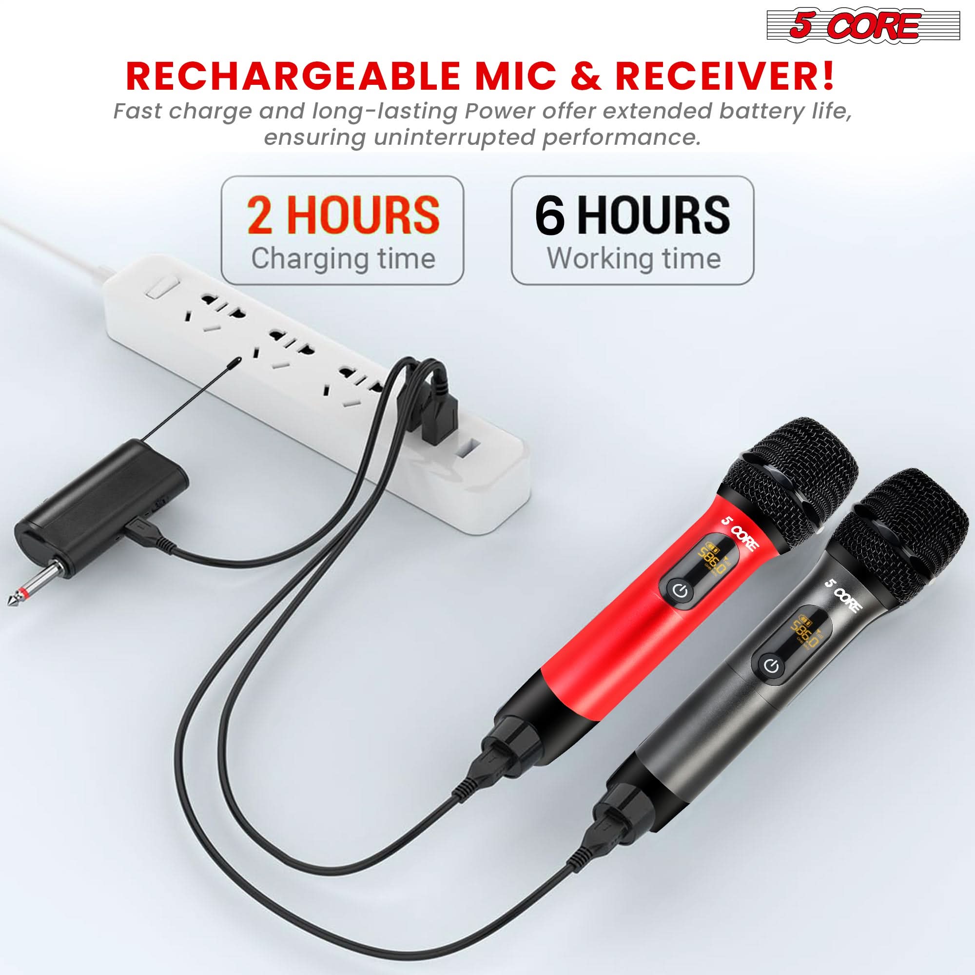 5 CORE RECHARGEABLE MIC & RECEIVER! Fast charge and long-lasting Power offer extended battery life, ensuring uninterrupted performance. 2 HOURS Charging time 6 HOURS Working time 5 CORE 5T20 5 CORE DE 586