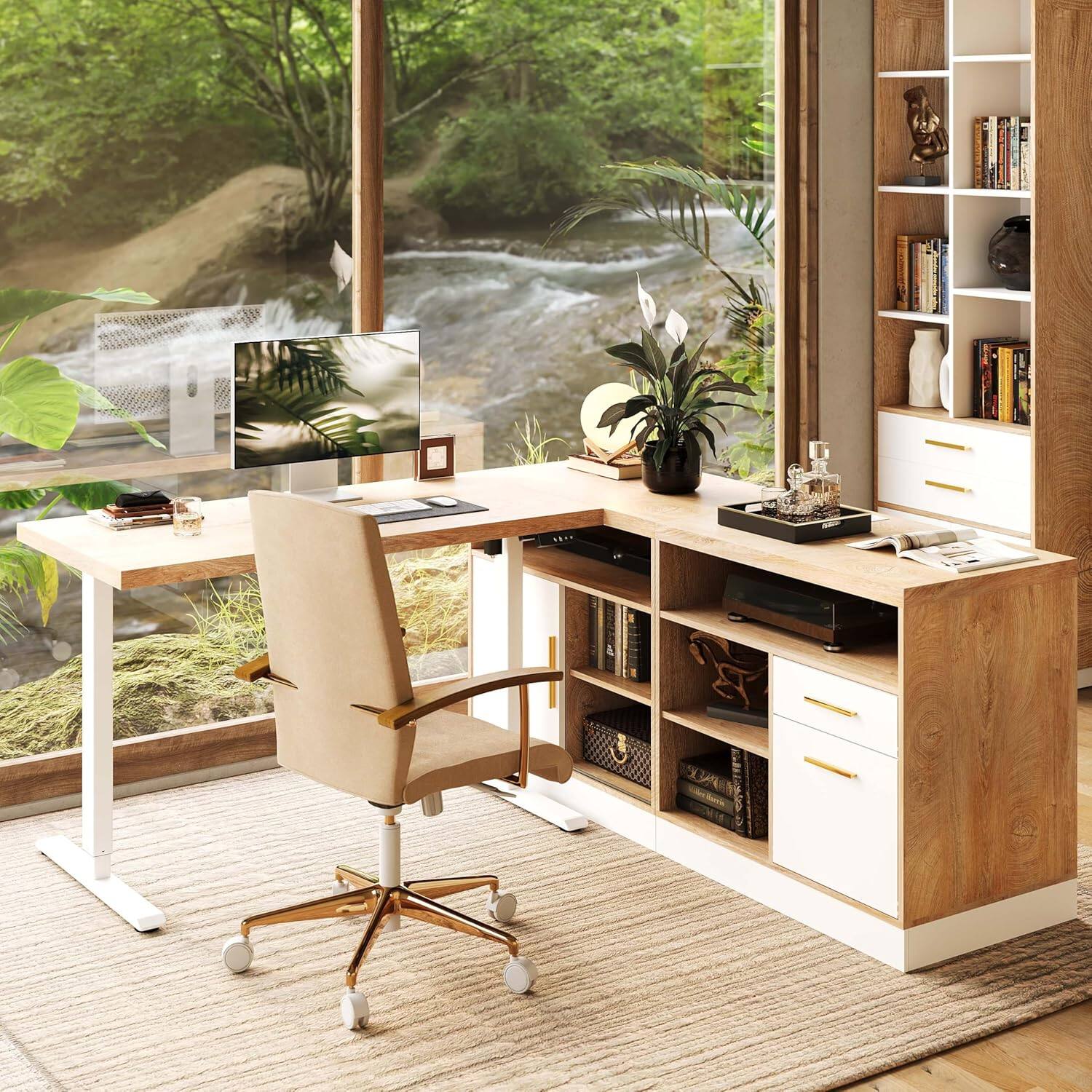 Front. ModernMate - 67" Standing Desk with 2 File Cabinets - Light Walnut.