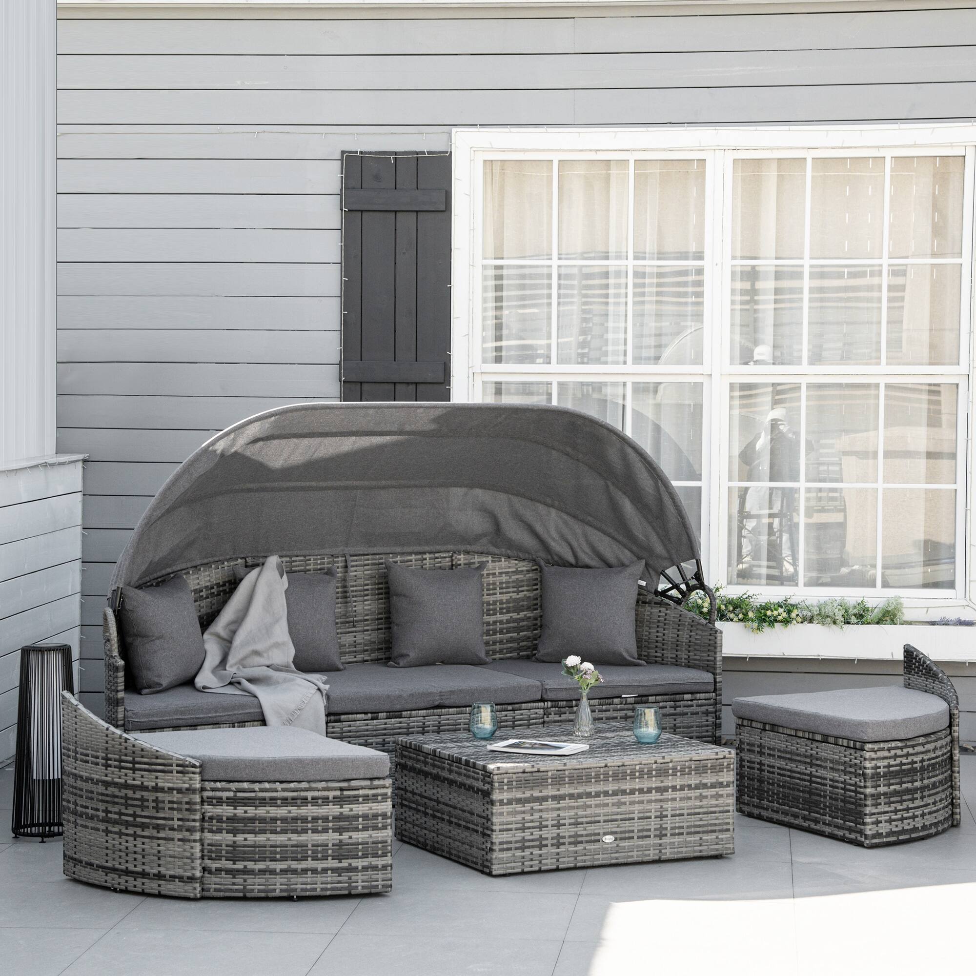 Alt View 1. Outsunny - 4-Piece Outdoor Rattan Furniture Set, Round Convertible Patio Daybed or Sunbed, Sectional Sofa with Canopy, Pillows - Grey.