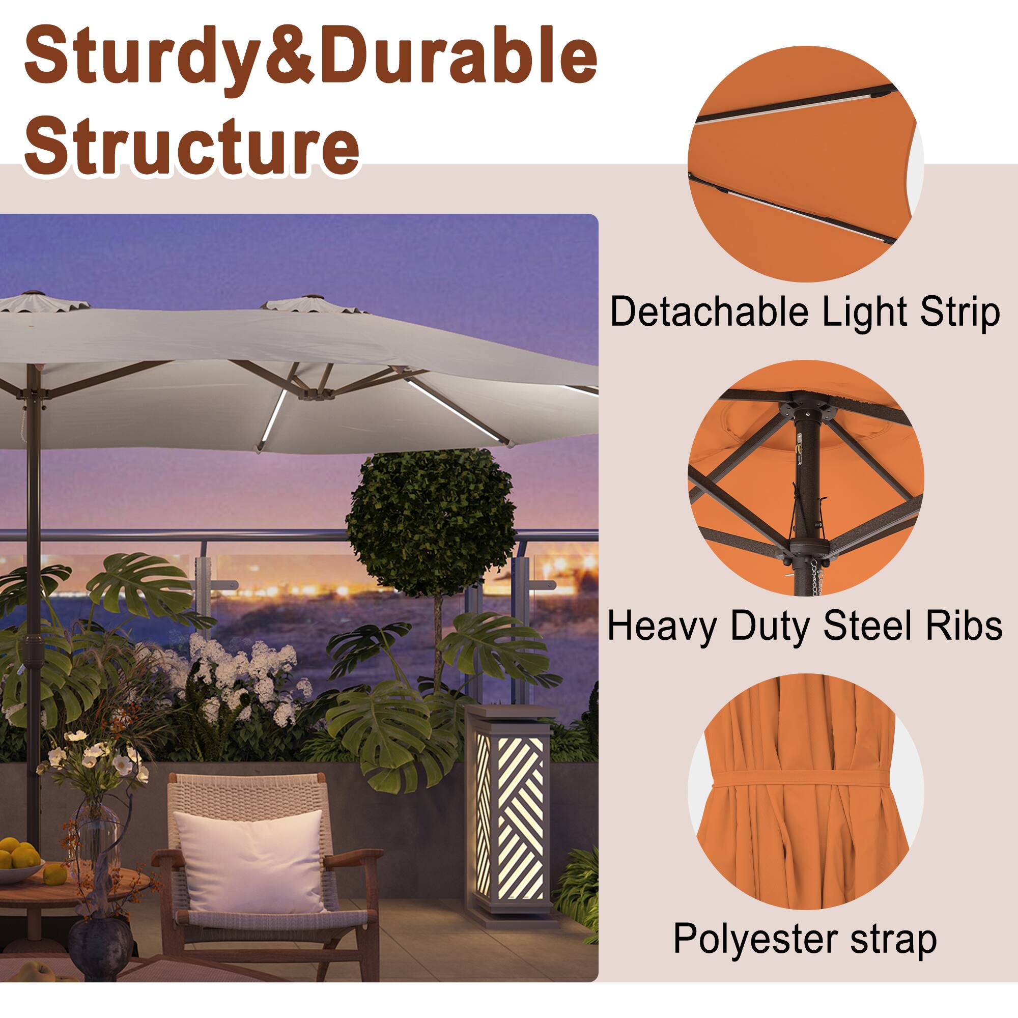 Sturdy & Durable Structure

- Detachable Light Strip
- Heavy Duty Steel Ribs
- Polyester strap