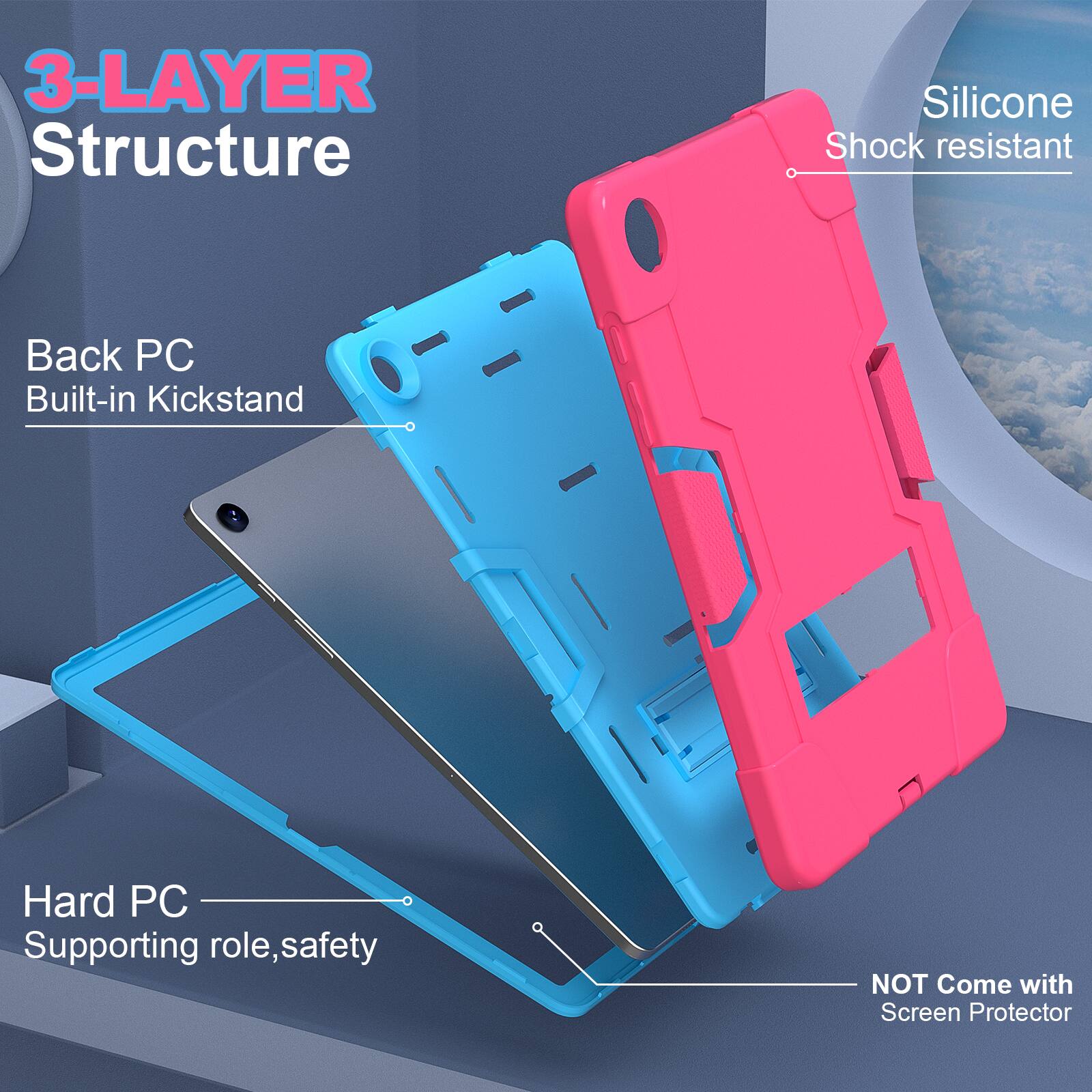 3-LAYER Structure Silicone Shock resistant Back PC Built-in Kickstand Hard PC Supporting role, safety NOT Come with Screen Protector