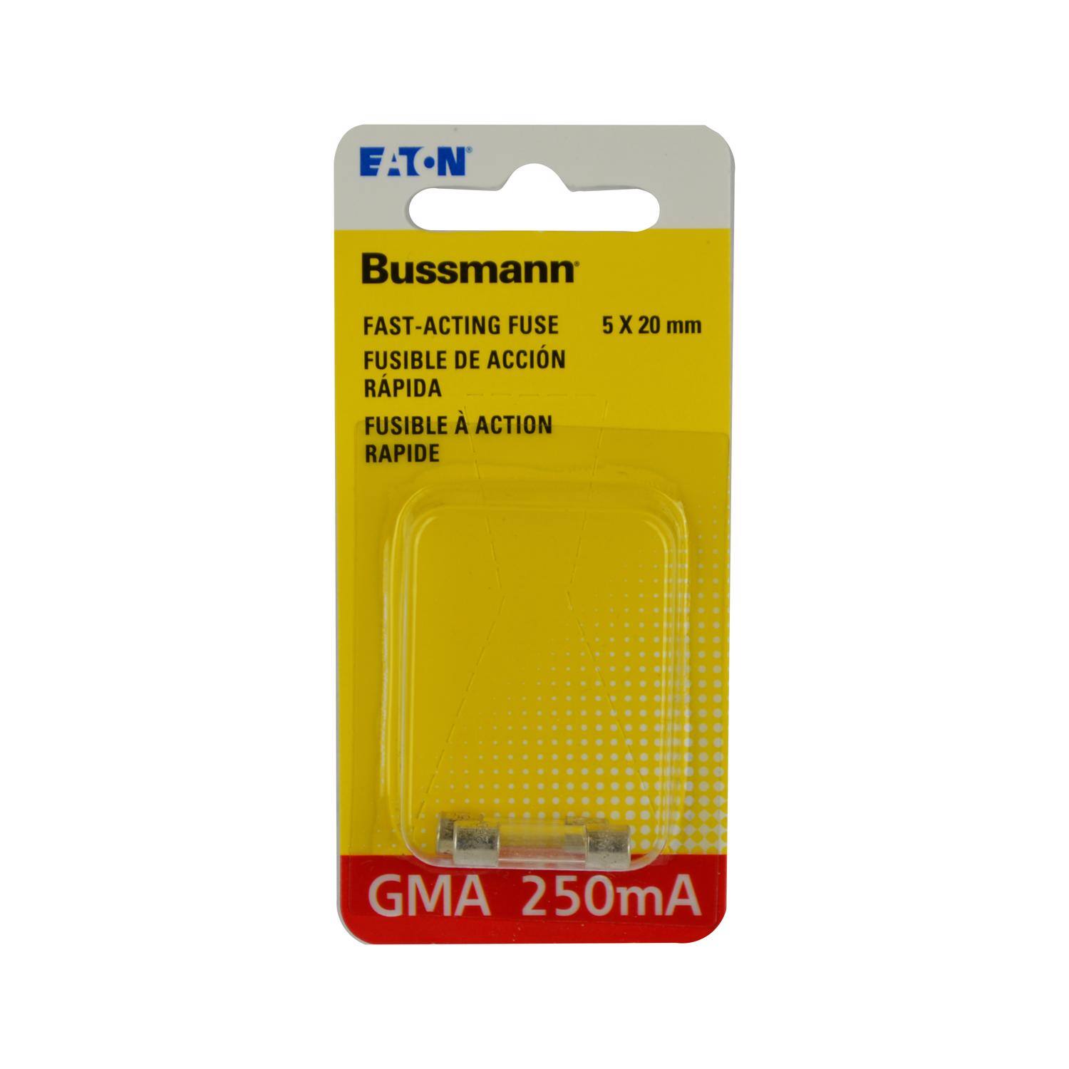 EATON  
Bussmann  
FAST-ACTING FUSE  
FUSIBLE DE ACCIÓN RÁPIDA  
FUSIBLE À ACTION RAPIDE  
5 X 20 mm  
GMA 250mA