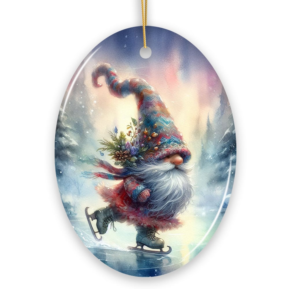 OrnamentallyYou - Whimsical Skater Gnome on Ice Ceramic Ornament, Magical Night Christmas Gift and Tree Decor (Oval) - Multi-colored