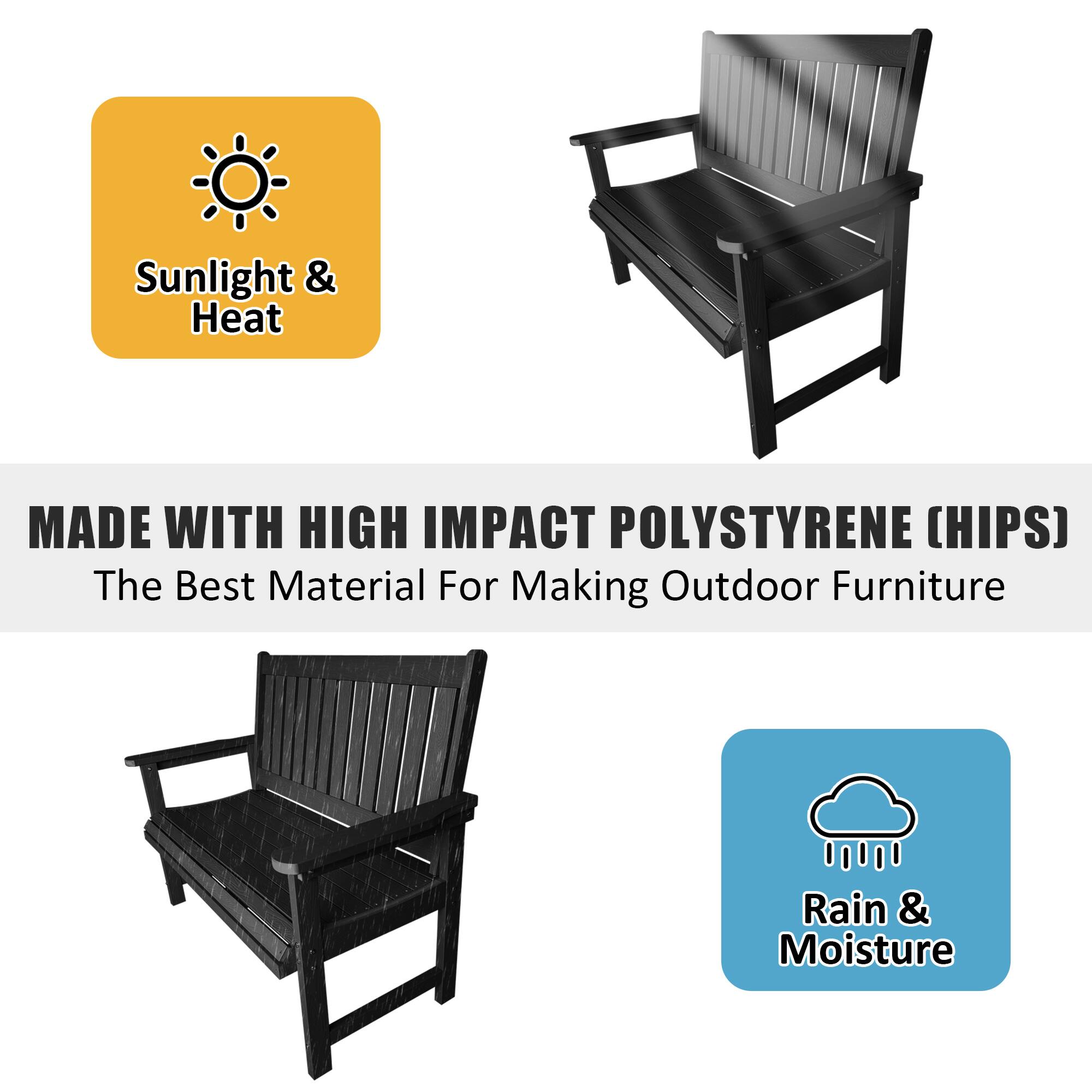 Sunlight & Heat

MADE WITH HIGH IMPACT POLYSTYRENE (HIPS)  
The Best Material For Making Outdoor Furniture

Rain & Moisture