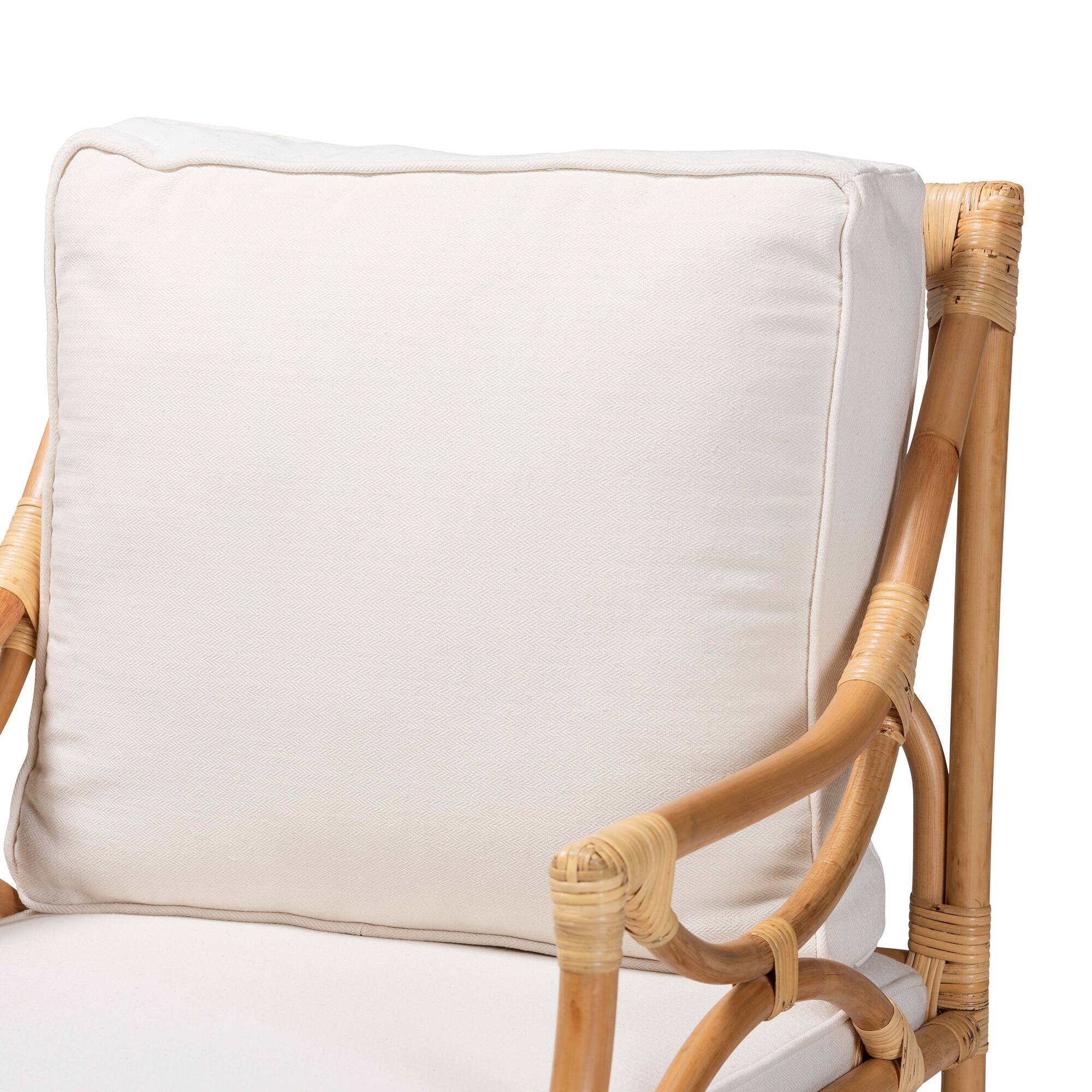 Alt View 1. bali & pari - Brandon Modern Bohemian Fabric Upholstered and Rattan Armchair - White/Natural Brown.