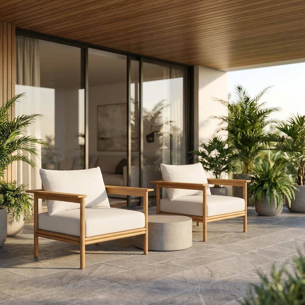 Angle. Outdoor Escape - Set of 2 Outdoor Teak Wood Armchairs for Patio Lounge Comfort - White.