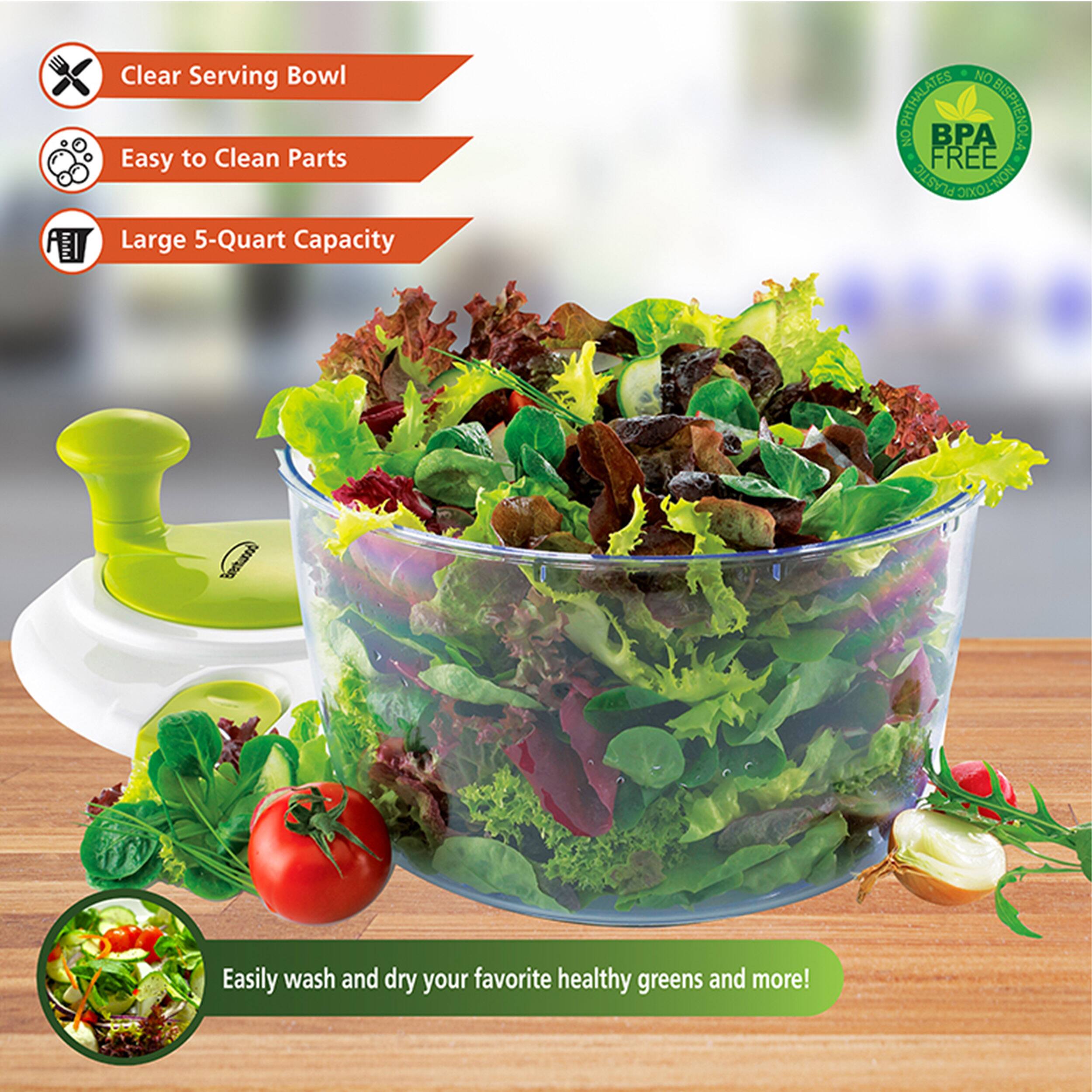 Clear Serving Bowl, Easy to Clean Parts, Large 5-Quart Capacity, BPA Free, Easily wash and dry your favorite healthy greens and more!