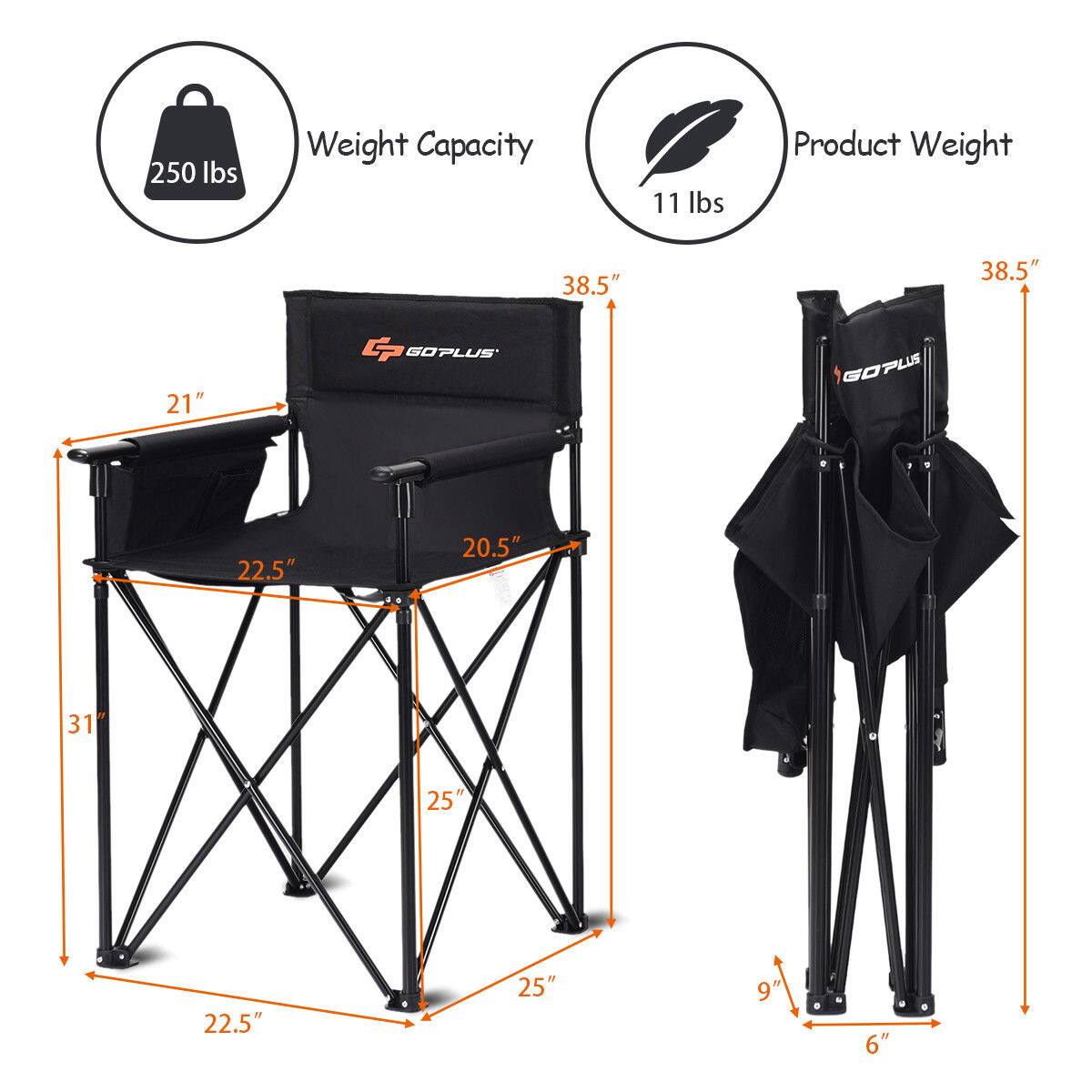 The image features a black folding chair with a weight capacity of 250 lbs. The product weight is 11 lbs, and the chair has dimensions of 38.5" x 38.5" x 21". The chair is made by GOPLUS, and it has a compact design that can be easily folded and carried around.