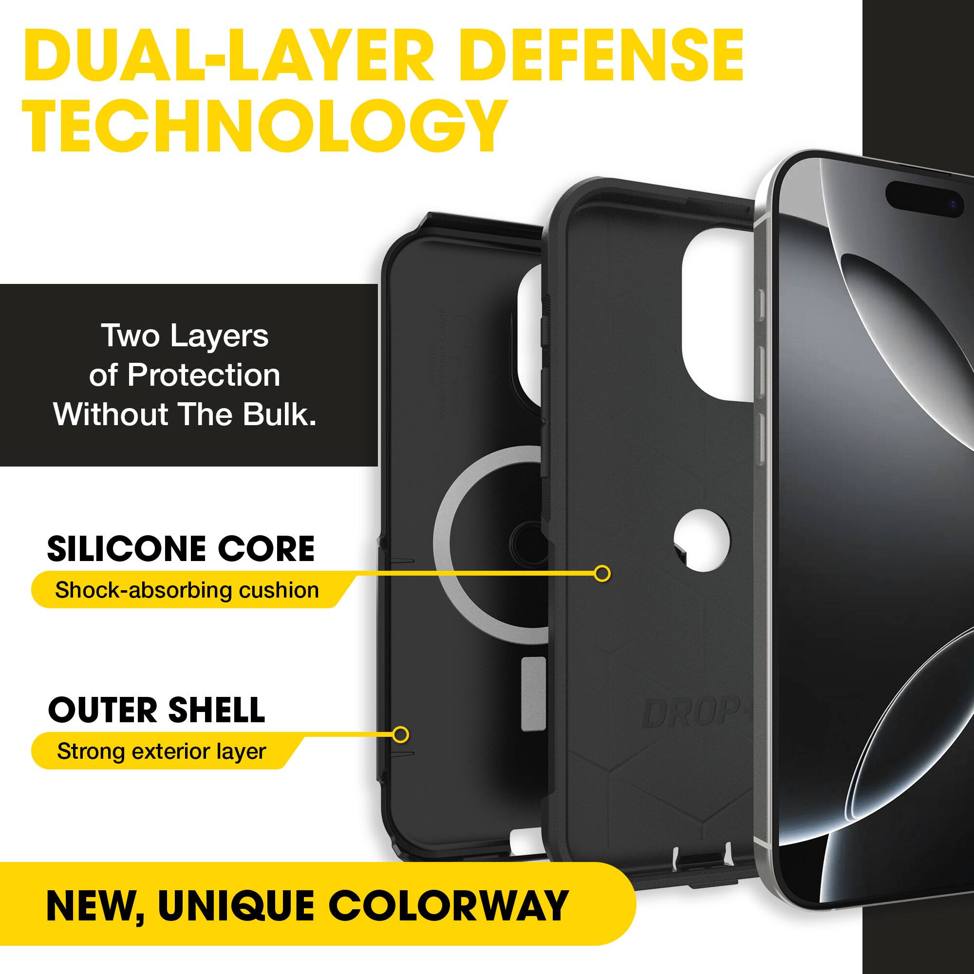 DUAL-LAYER DEFENSE TECHNOLOGY  
Two Layers of Protection Without The Bulk.  
SILICONE CORE  
Shock-absorbing cushion  
OUTER SHELL  
Strong exterior layer  
NEW, UNIQUE COLORWAY