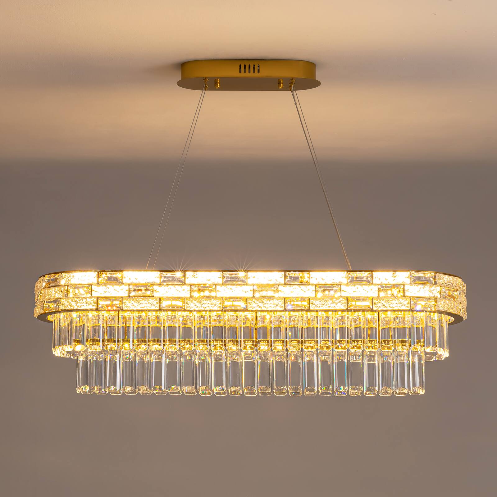 Alt View 7. Siljoy - 35.4 Inch 5-Tier Gold Crystal Chandelier Dimmable LED Rectangular Pendant Light for Dining Room and Kitchen Island - Gold.