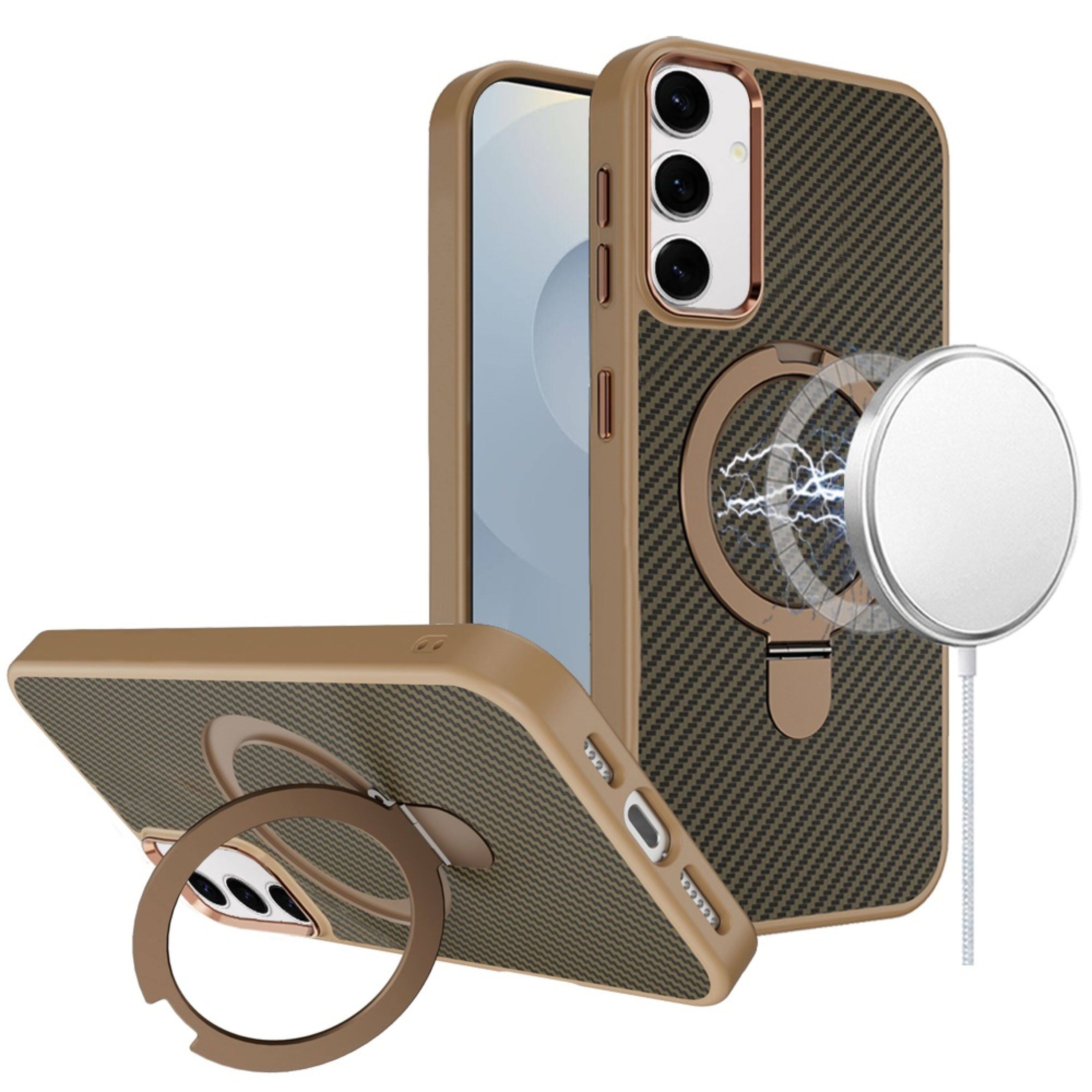 Angle. Kitcheniva - Carbon Fiber Ring Stand Case With Tempered Glass For Samsung S26 Plus Brown - Brown.