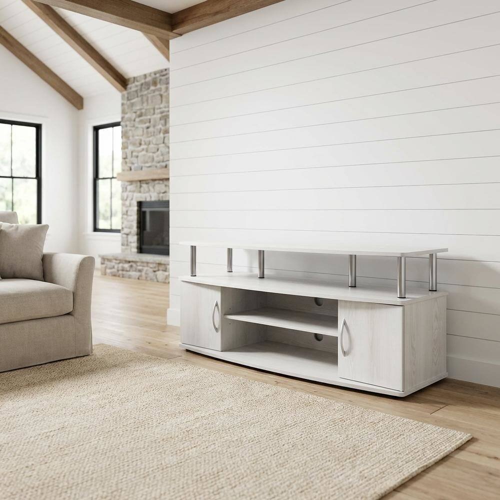 Angle. FurniFact - White wood entertainment center for TVs up to 55 inches with ample storage space - White Wood/Stainless Steel.