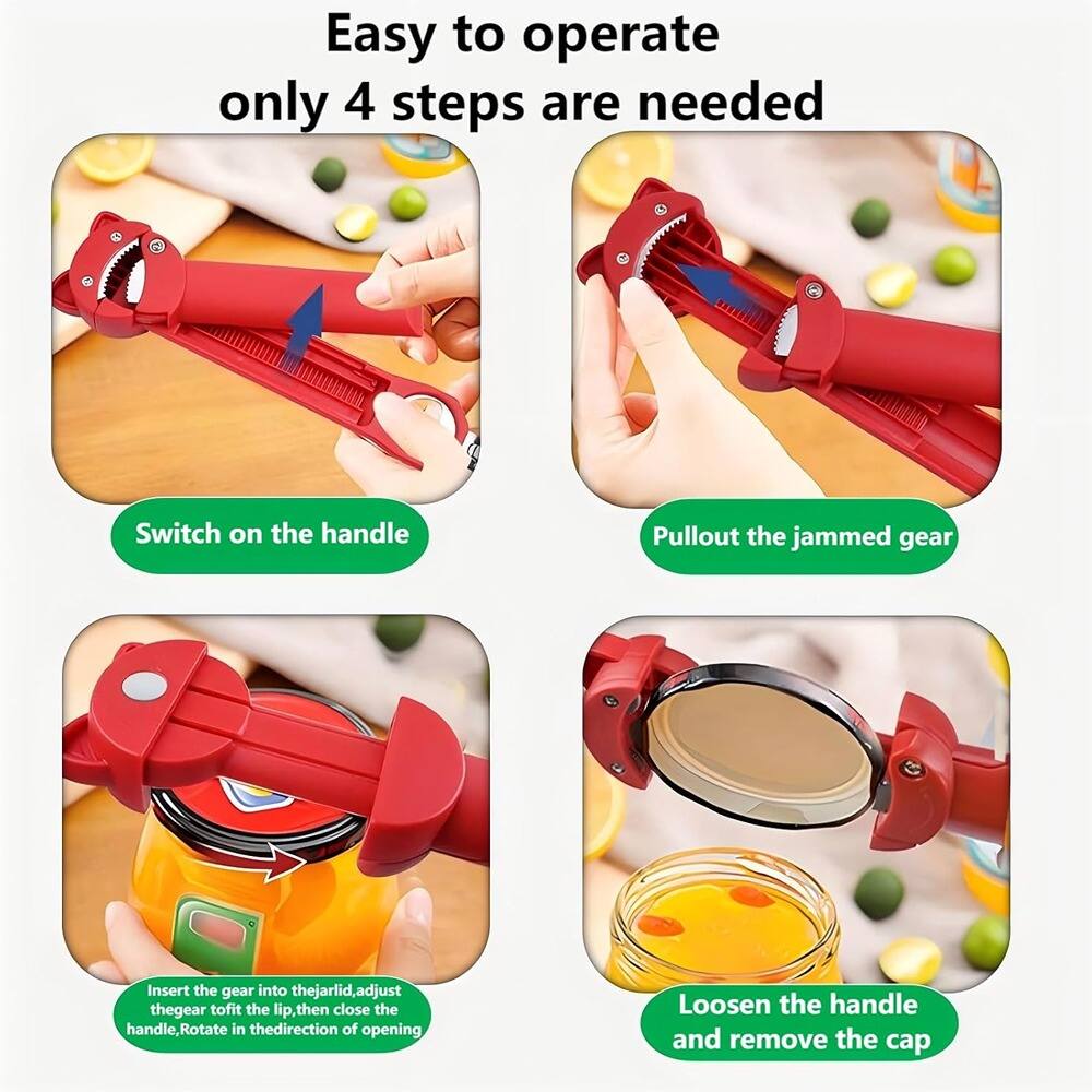Easy to operate  
only 4 steps are needed

1. Switch on the handle
2. Pullout the jammed gear
3. Insert the gear into the jar lid, adjust the gear to fit the lip, then close the handle, Rotate in the direction of opening
4. Loosen the handle and remove the cap