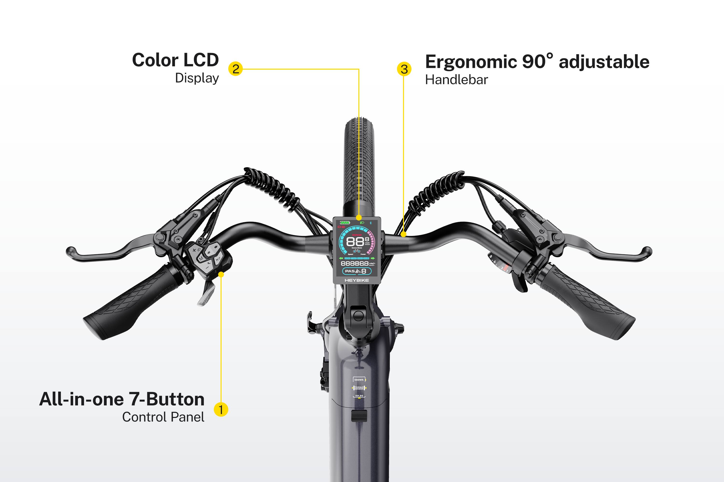 Color LCD Display  
Ergonomic 90° adjustable Handlebar  
All-in-one 7-Button Control Panel