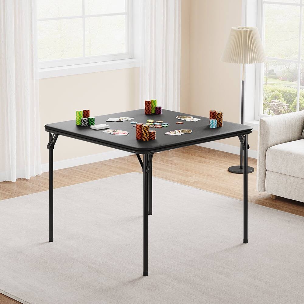 Front. Homhougo - Folding Table - 33.6-Inch Portable Square Card Table, Black Metal with PU Cushion - Black.