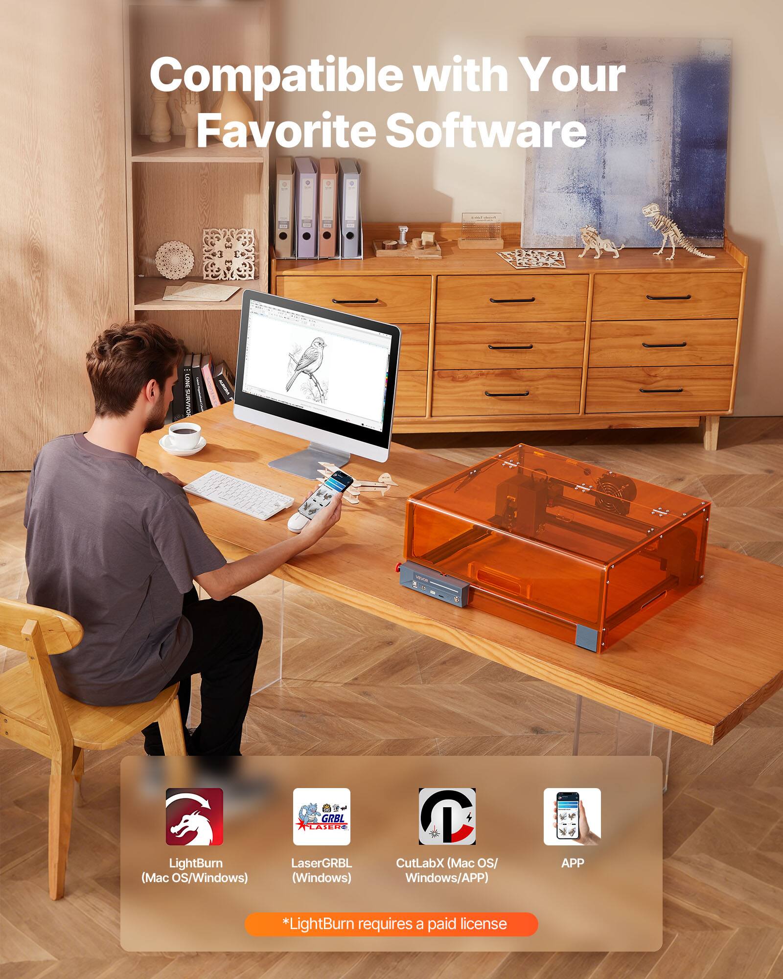 Compatible with Your Favorite Software

- LightBurn (Mac OS/Windows)
- LaserGRBL (Windows)
- CutLabX (Mac OS/Windows/APP)
- APP

*LightBurn requires a paid license