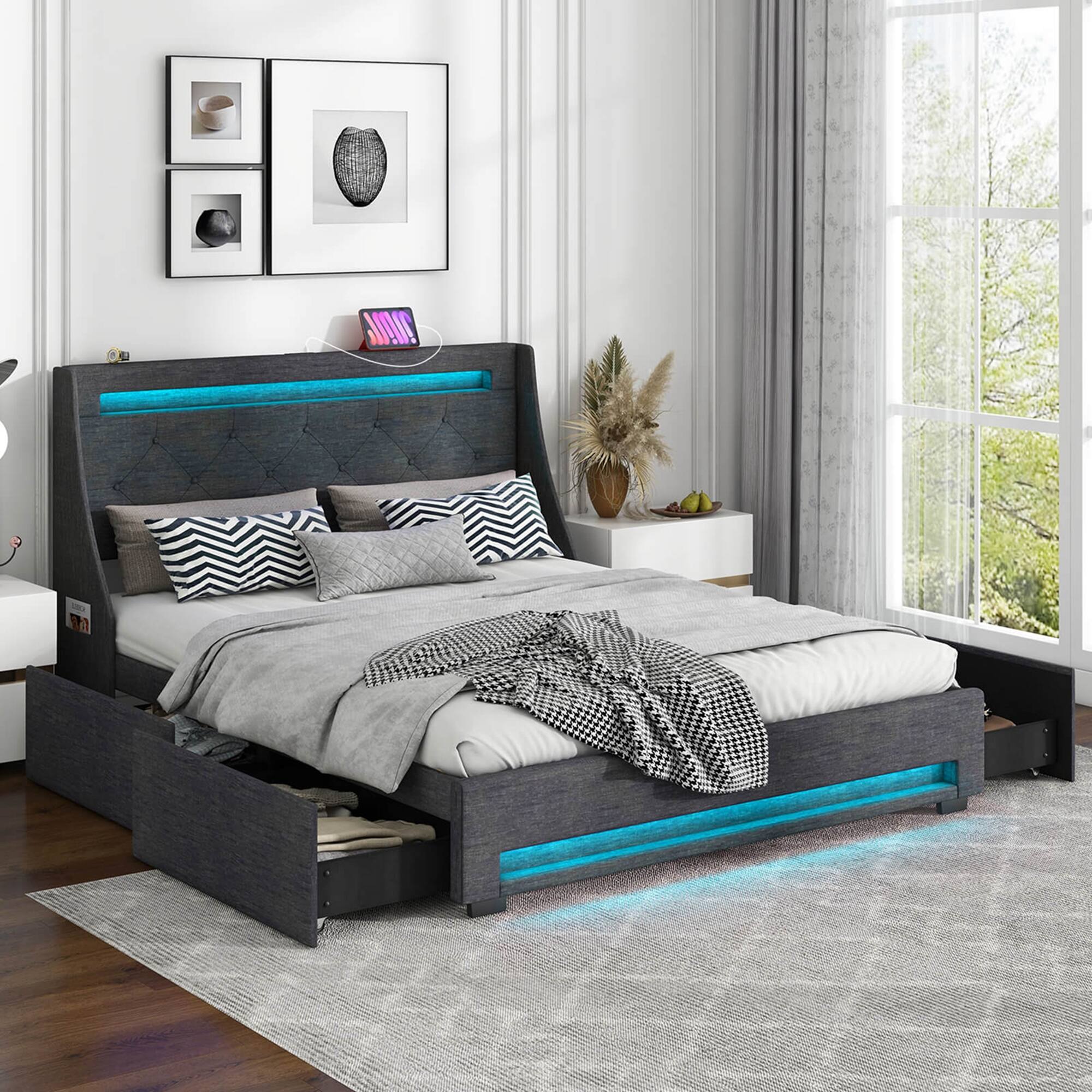 Back. Costway - Full Size Bed Frame with LED Lights & Charging Station Upholstered Platform Bed - Gray.