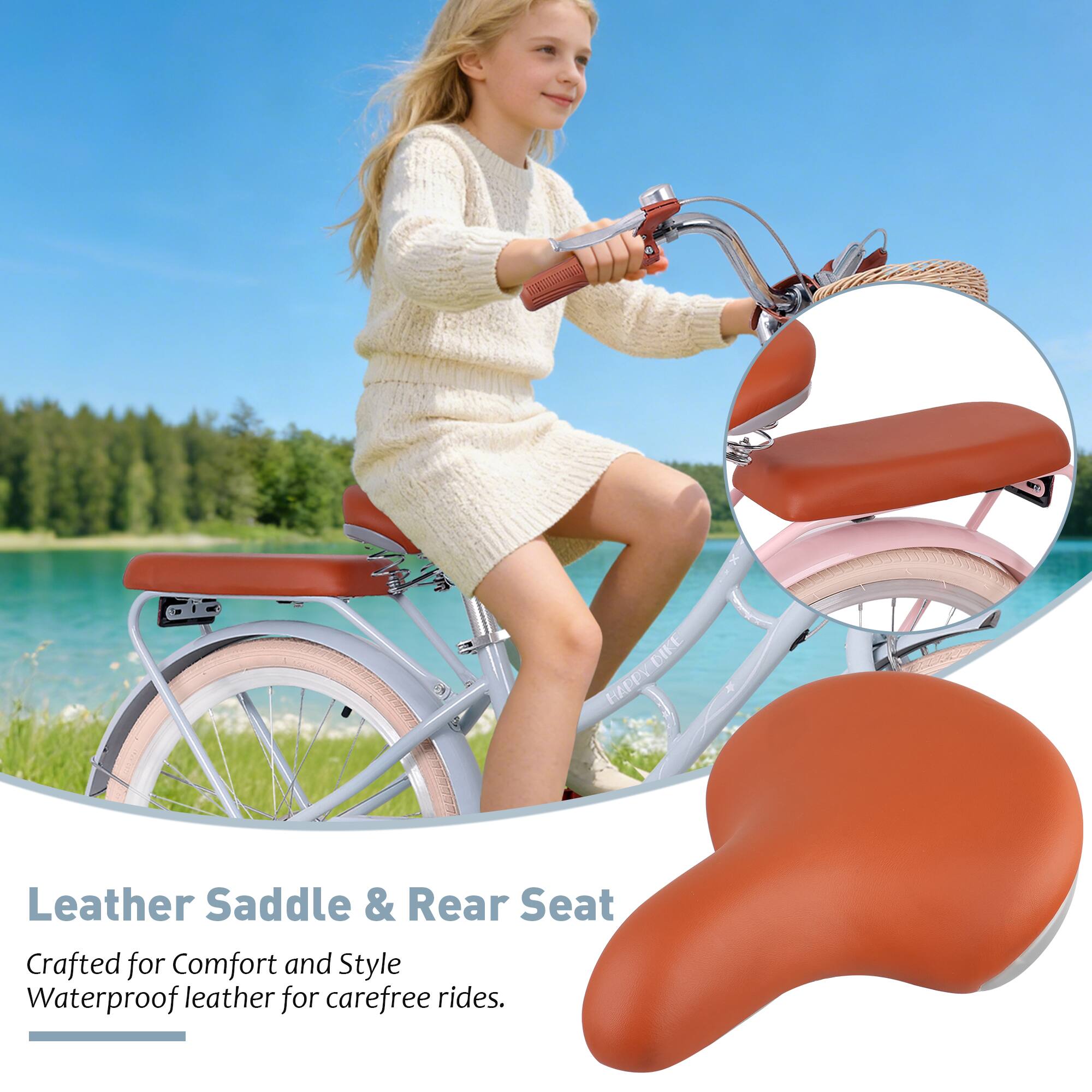 Leather Saddle & Rear Seat  
Crafted for Comfort and Style  
Waterproof leather for carefree rides.