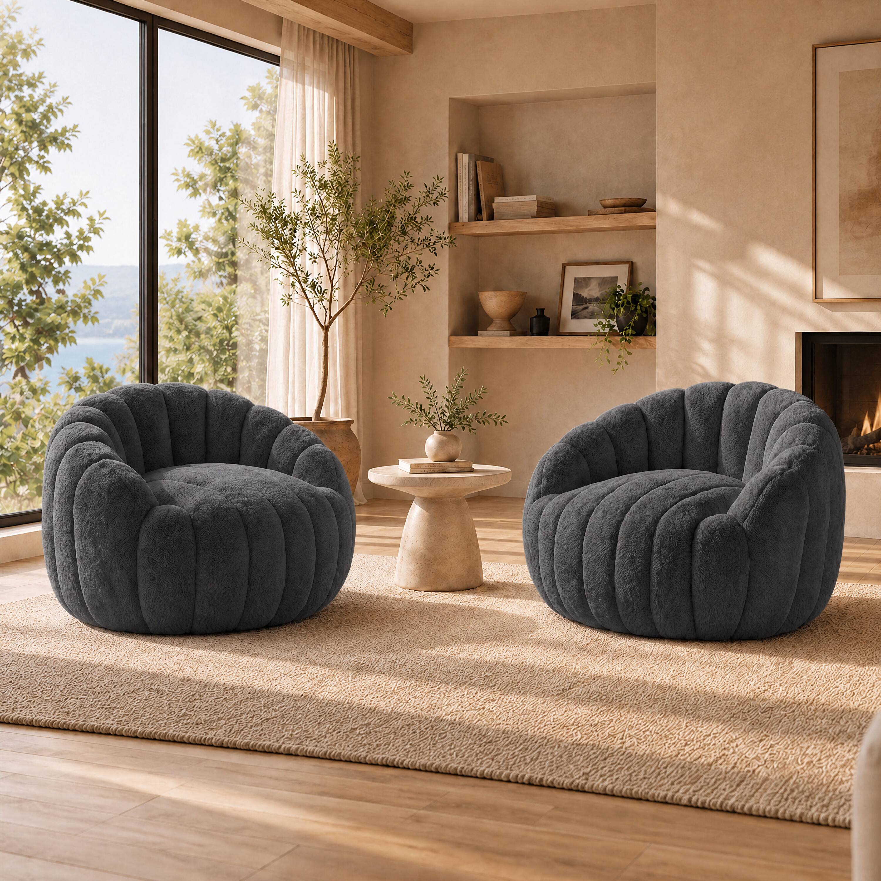 Left. Vipbear - Shell-Shaped Bean Bag Chair for Adults and Teens, Faux Fur Sofa Chair, Comfy Accent Chair  with Foam Filling - Gray.