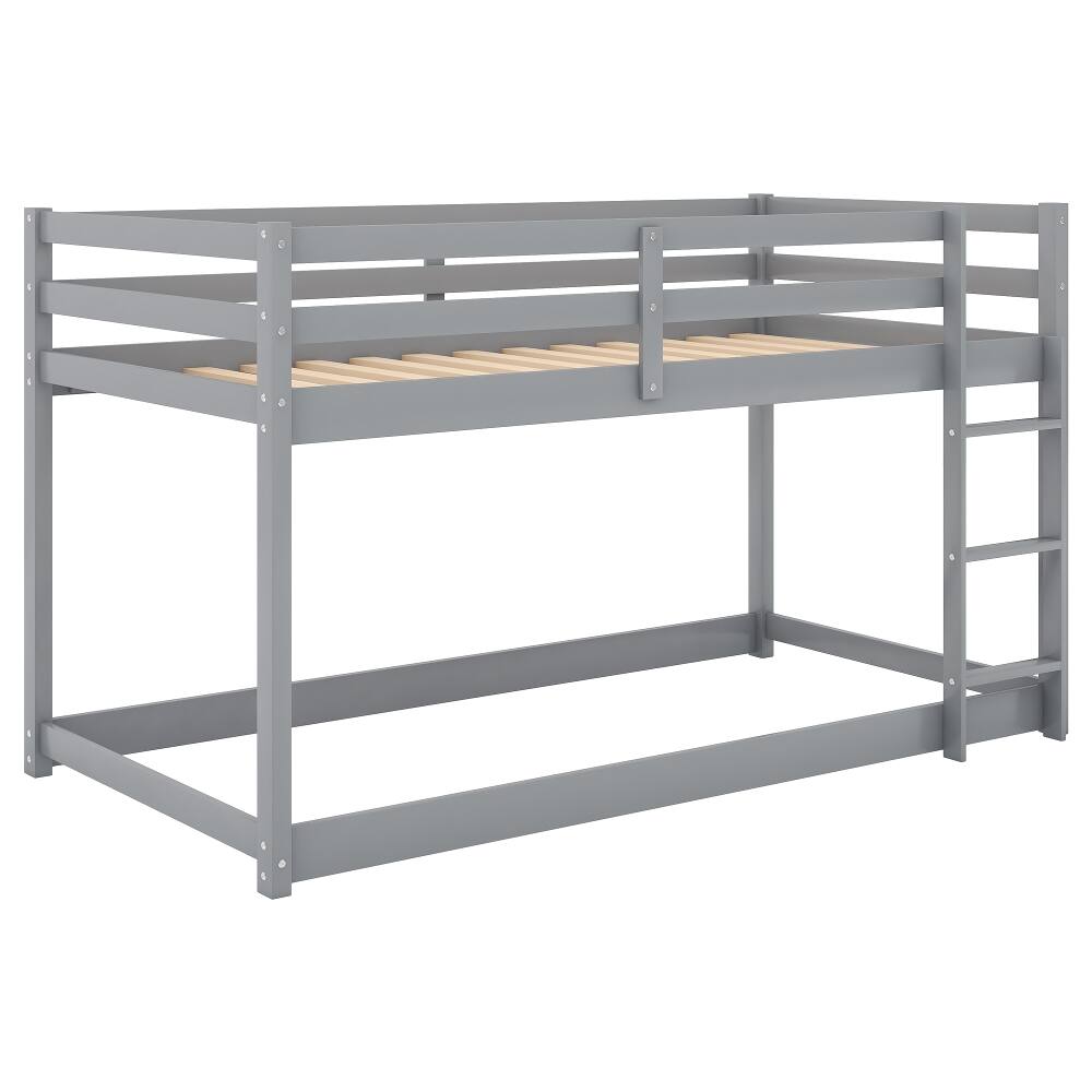 Alt View 7. Loheer - Loheer Twin Over Twin Floor Bunk Bed, Gray Solid Wood Low Bunk Bed with Ladder - Gray.