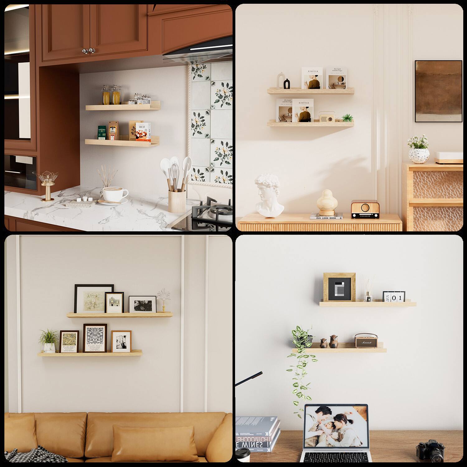 Sure, here is the corrected and grouped text from the image:

1. **Top Left (Kitchen)**
   - JN 01 1 1 1 RHODONICH E WINES

2. **Top Right (Living Room)**
   - No visible text.

3. **Bottom Left (Living Room)**
   - No visible text.

4. **Bottom Right (Desk)**
   - No visible text.

5. **Bottom Center (Book)**
   - THE LOST GARDEN
   - E MIEZ